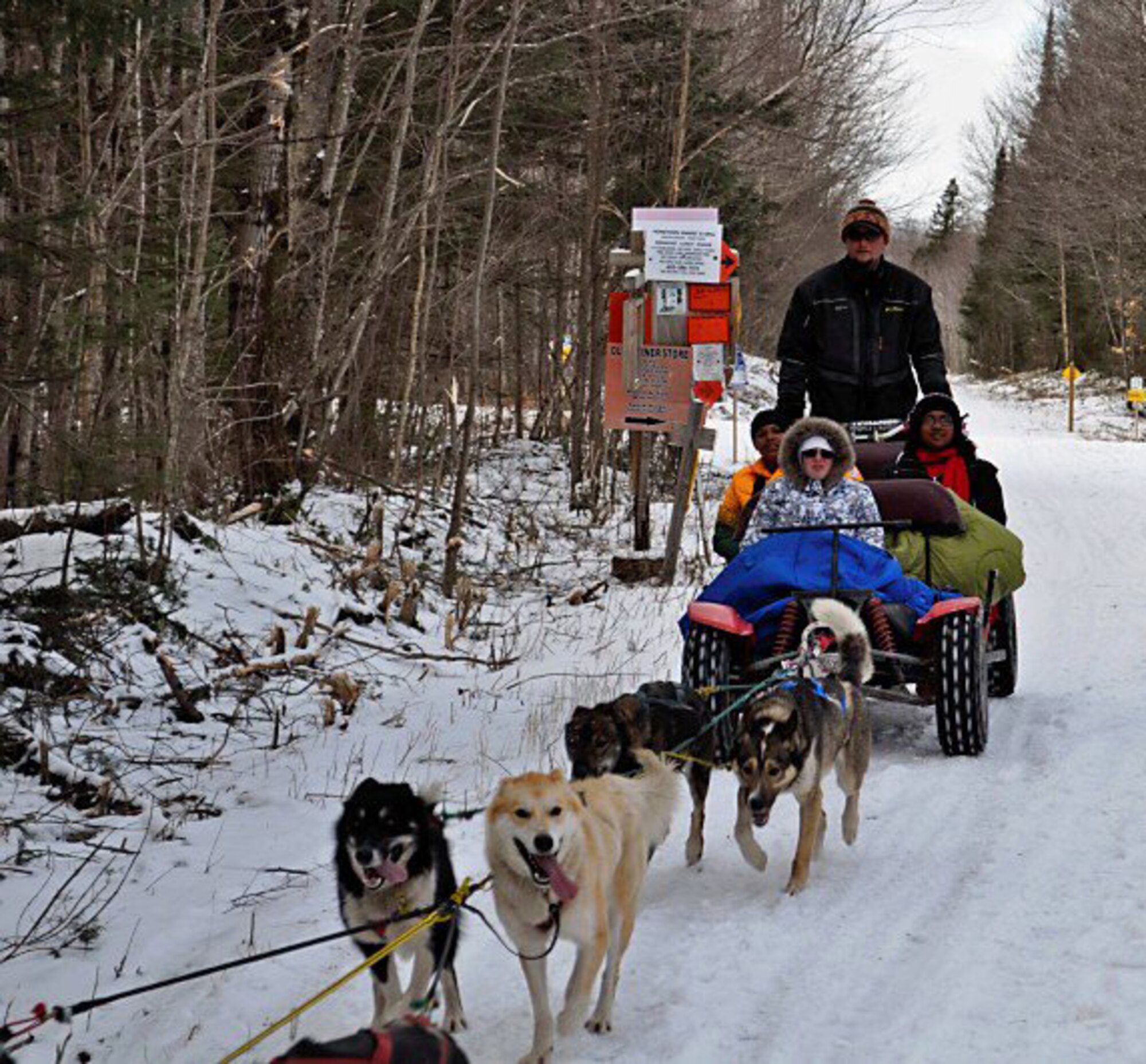 Air Force Reservist Tech. Sgt. Francine Torres (back row, left) and her visually impaired 17-year-old daughter, Jasmine Polite (back row, right), attended a free military-sponsored mountain adventure camp for military teens with physical disabilities that would change her daughter's life. Dog sledding was among their favorite actvities, along with snow tubing, mountain roller coasting. Torres is the knowledge operations manager, 920th Rescue Wing, Patrick Air Force Base, Fla. (Courtesy photo)