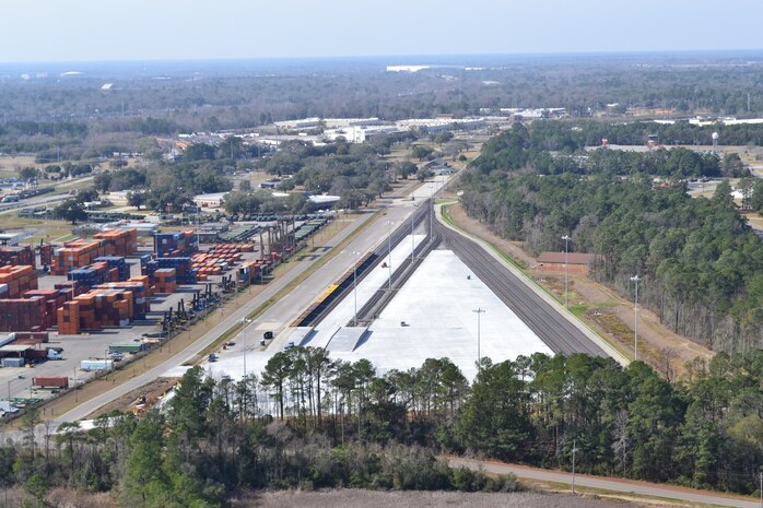 An aerial view of the new 841st Transportation Battalion rail facility at Joint Base Charleston - Weapons Station. (U.S. Army photo/Capt. Josh Turner)