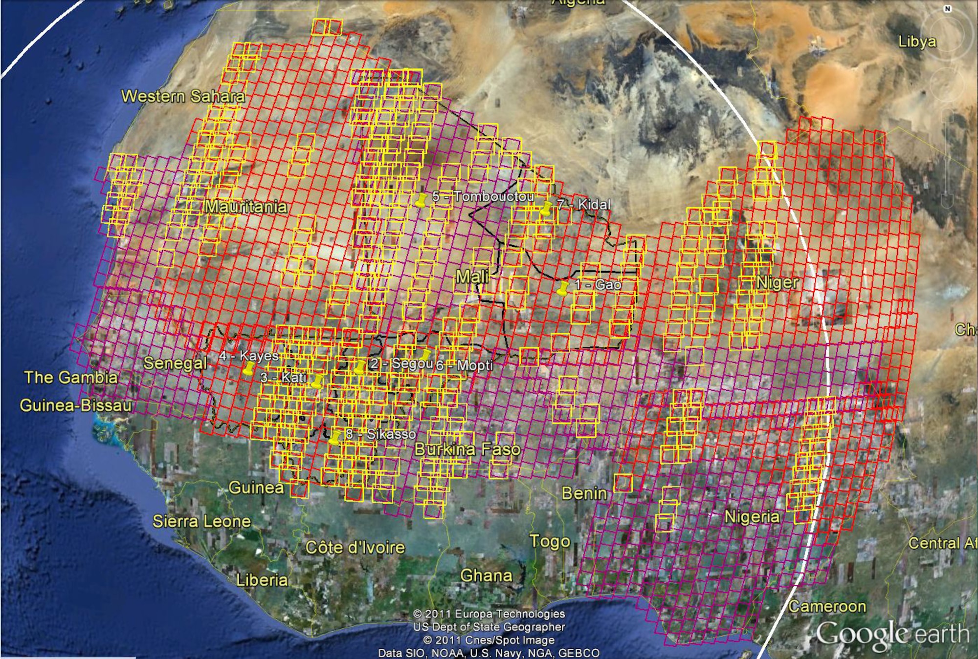 A map of West Africa depicting the areas of satellite imagery captured during the Mali deployment. The red areas indicate efforts to collect 2.5-meter panchromatic imagery while the purple indicates 5.0-meter efforts.