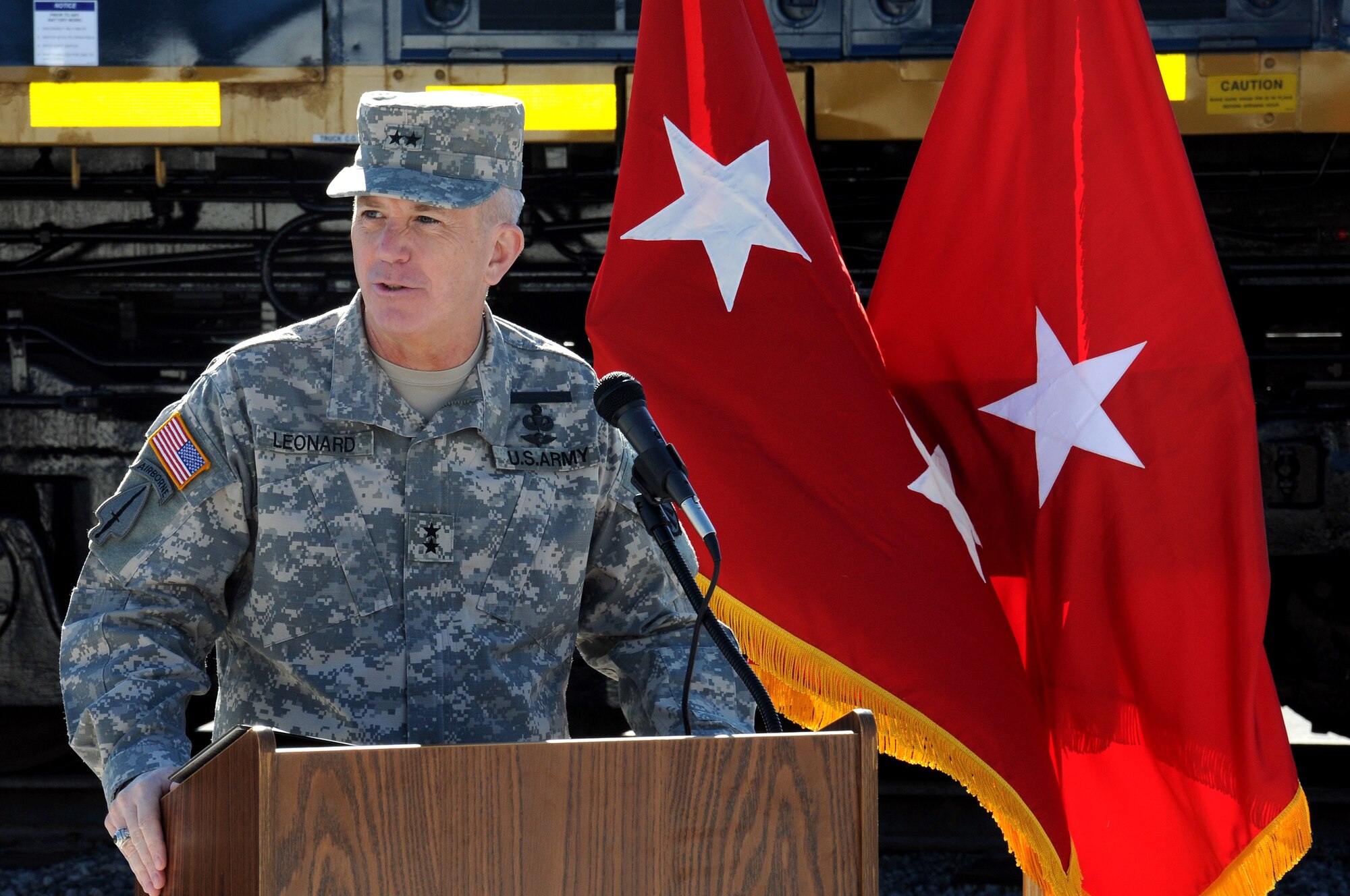 Army Maj. Gen. Kevin Leonard speaks during the 841st Transportation Battalion’s ribbon cutting and golden spike ceremony at Joint Base Charleston - Weapons Station Feb. 13.  The golden spike ceremony represents the completion of an eight-year, $9 million project that expanded the rail facility to eight lines. Leonard is the Surface Deployment and Distribution Command commanding general. (U.S. Navy photo/Petty Officer 2nd Class Brannon Deugan)