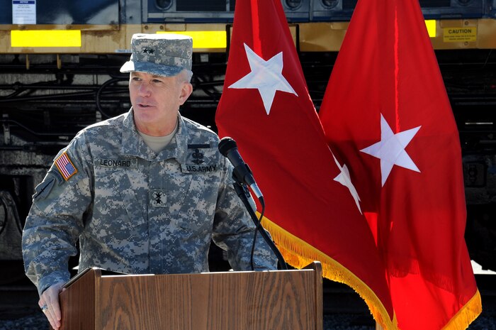 Army Maj. Gen. Kevin Leonard speaks during the 841st Transportation Battalion’s ribbon cutting and golden spike ceremony at Joint Base Charleston - Weapons Station Feb. 13.  The golden spike ceremony represents the completion of an eight-year, $9 million project that expanded the rail facility to eight lines. Leonard is the Surface Deployment and Distribution Command commanding general. (U.S. Navy photo/Petty Officer 2nd Class Brannon Deugan)