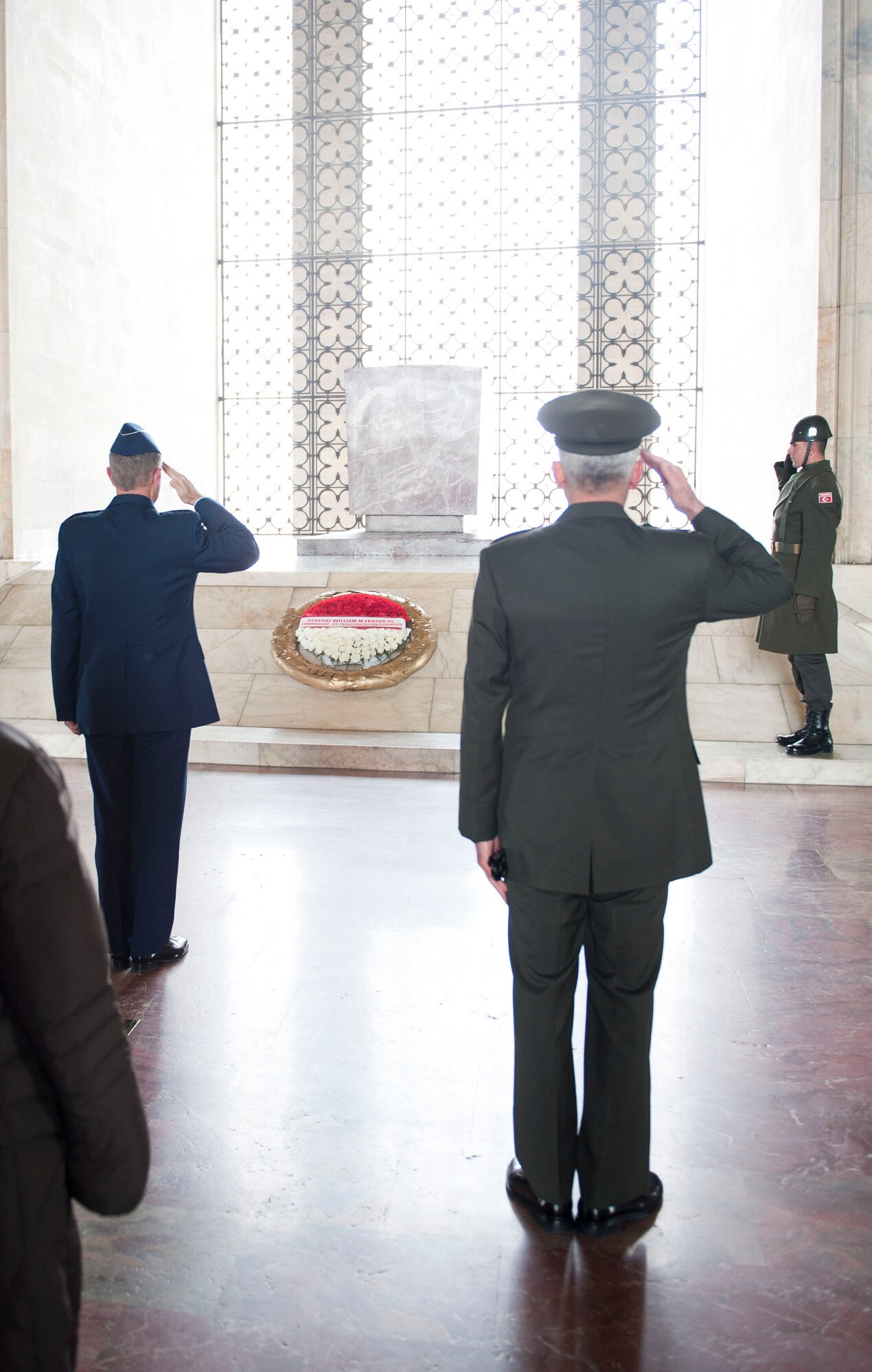 Gen. William M. Fraser III, U.S. Transportation Command commander, salutes during a wreath-laying ceremony at Mustafa Kemal Ataturk’s memorial and mausoleum Feb. 9, 2012, in Ankara, Turkey. Fraser travelled to Ankara to participate in the ceremony that honors Ataturk, the founder of the Republic of Turkey.(U.S. Air Force photo by Senior Airman Clayton Lenhardt/Released)