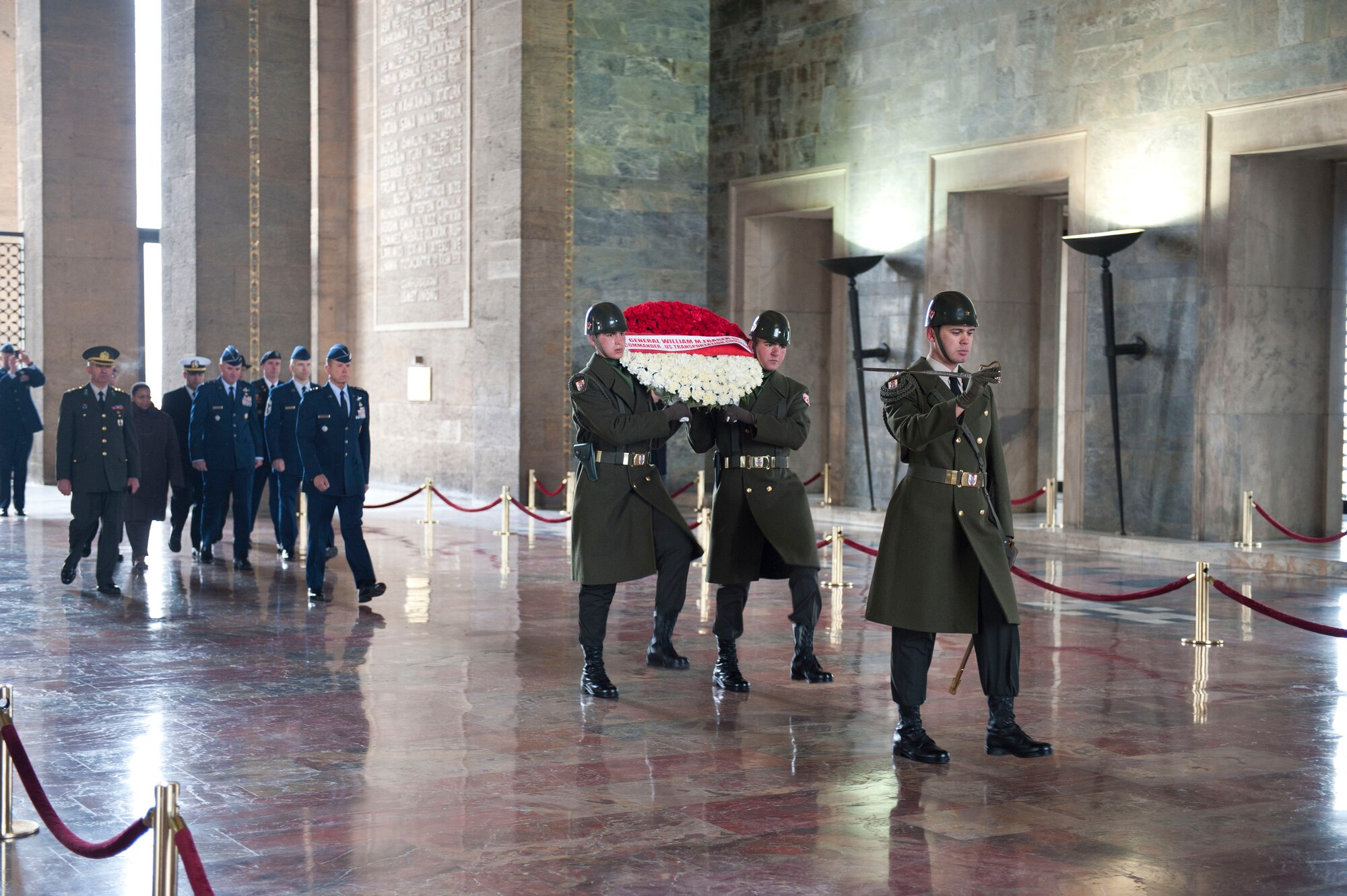 Turkish service members lead a U.S. and Turkish military procession during a wreath-laying ceremony at Mustafa Kemal Ataturk’s memorial and mausoleum Feb. 9, 2012, in Ankara, Turkey. Gen. William M. Fraser III, U.S. Transportation Command commander, travelled to Ankara to participate in the ceremony that honors Ataturk, the founder of the Republic of Turkey.(U.S. Air Force photo by Senior Airman Clayton Lenhardt/Released)