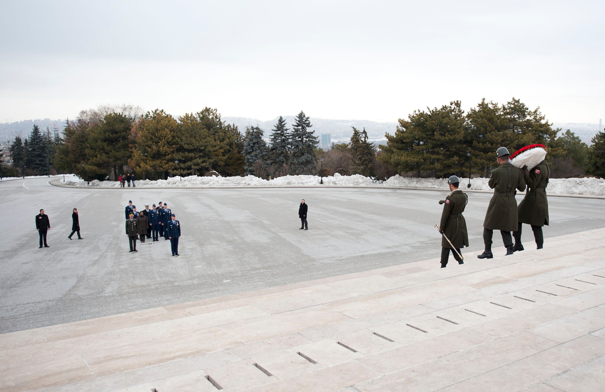 U.S. and Turkish service members participate in a wreath-laying ceremony at Mustafa Kemal Ataturk’s memorial and mausoleum Feb. 9, 2012, in Ankara, Turkey. Gen. William M. Fraser III, U.S. Transportation Command commander, travelled to Ankara to participate in the ceremony that honors Ataturk, the founder of the Republic of Turkey.(U.S. Air Force photo by Senior Airman Clayton Lenhardt/Released)
