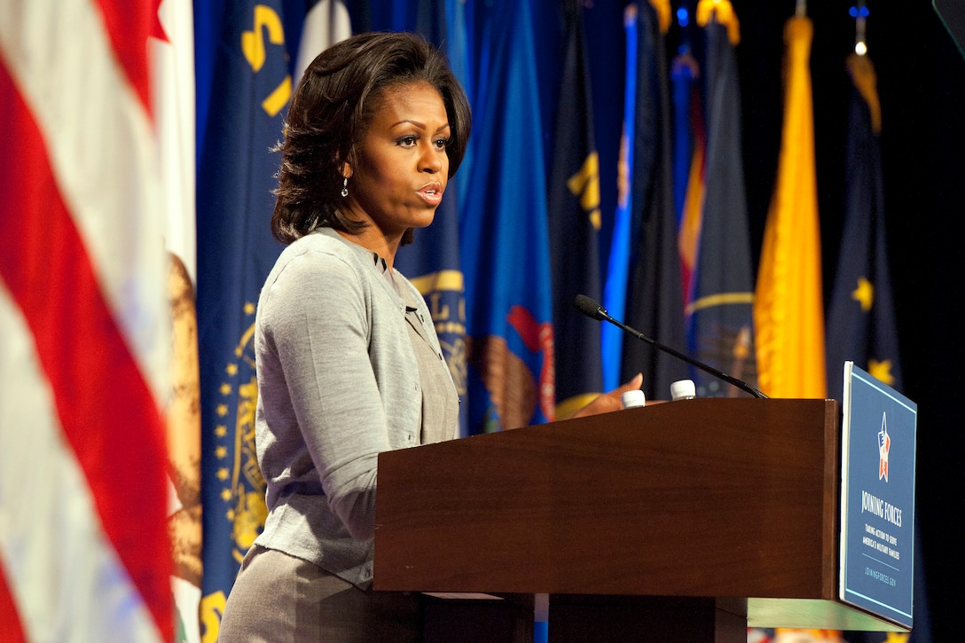 First Lady Michelle Obama announces the results of the military spouse employment report during a Pentagon ceremony, Feb. 15, 2012. Obama and Dr. Biden, wife of Vice President Joe Biden, released the report with Defense Secretary Leon E. Panetta.