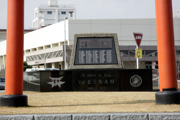 The Marine Corps Air Station Iwakuni Vietnam memorial sits at the four-way intersection out by the Commissary here. Constructed in May 26, 1972, the memorial was built in dedication of the 493 1st MAW service members who gave their lives during the Vietnam War.(U.S. Marine Corps photo by Lance Cpl. Benjamin Pryer/released)
