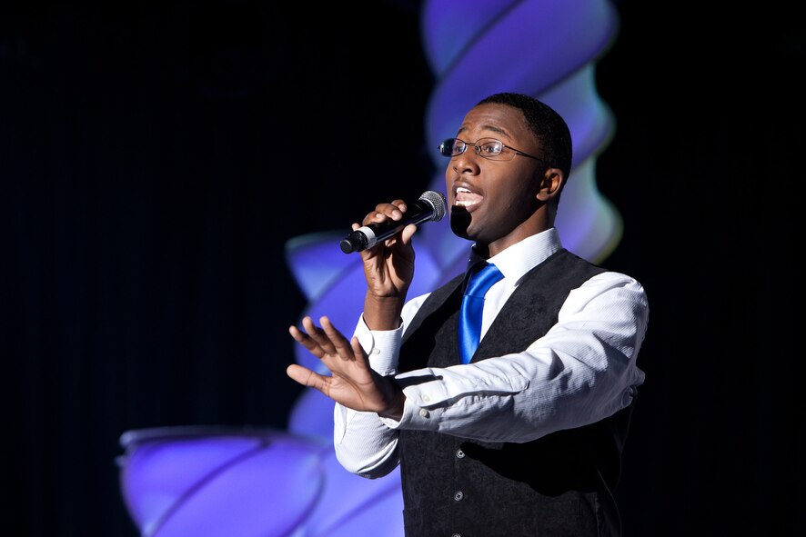 Airman 1st Class Jonathan Leak, a knowledge operations manager with the 692nd Intelligence, Surveillance and Reconnaissance Wing, auditions for Tops in Blue at Lackland Air Force Base, Texas, January 2012. Tops in Blue is the premier performing musical ensemble who travel the world and perform more than 200 shows a year. (U.S. Air Force photo/Chris Burch)