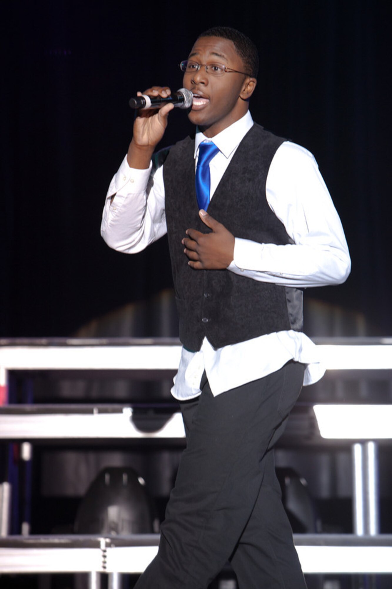 Airman 1st Class Jonathan Leak, a knowledge operations manager with the 692nd Intelligence, Surveillance and Reconnaissance Wing, auditions for Tops in Blue at Lackland Air Force Base, Texas, January 2012. Leak sang Chris Brown's "She Ain't You." (U.S. Air Force photo/Chris Burch)