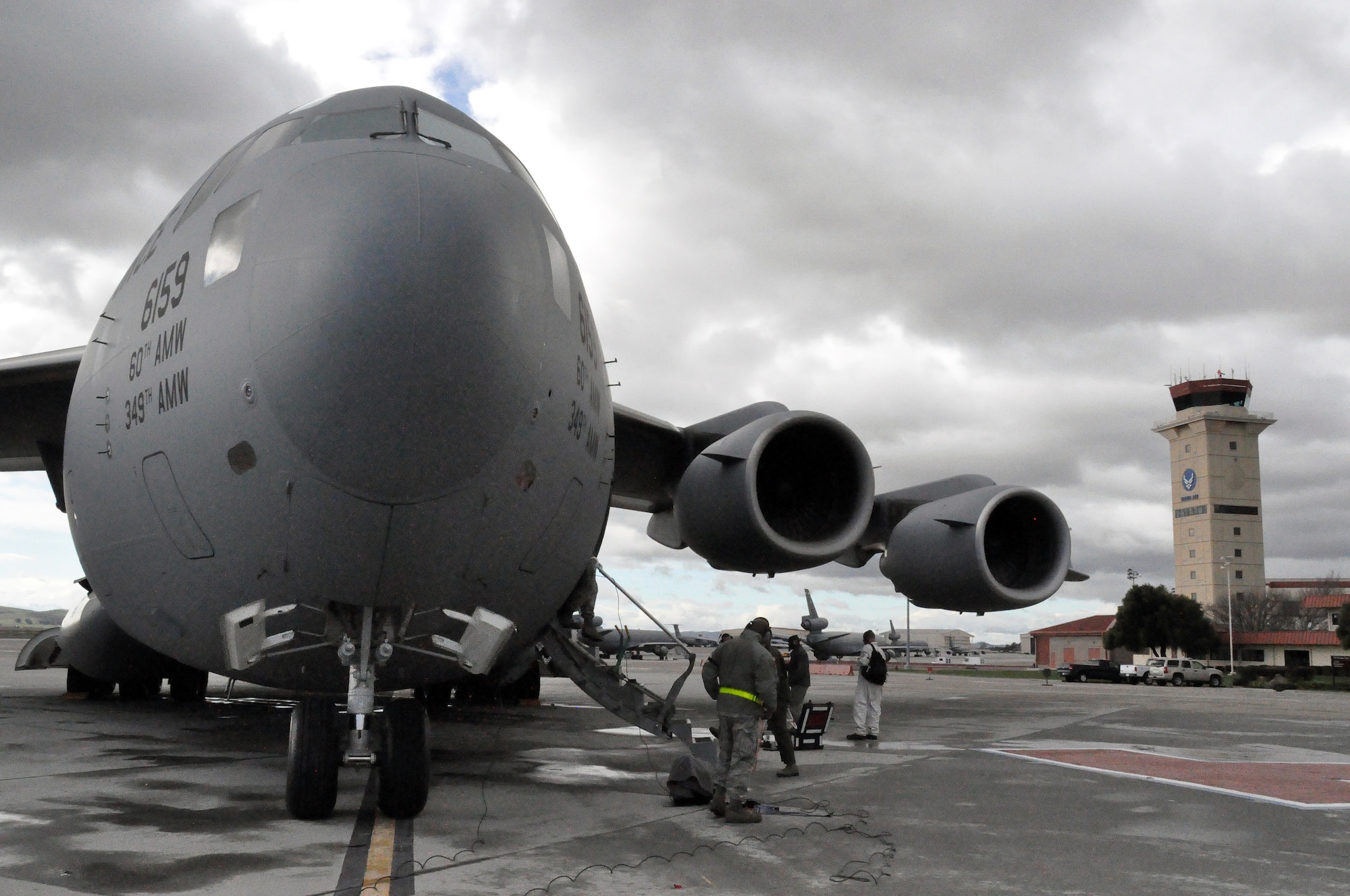 The C-17 Globemaster III sits parked on the Travis flightline Monday after the 21st Airlift Squadron spouses finish their tour and demo of the aircraft. (U.S. Air Force photo/Airman 1st Class Madelyn Ottem)