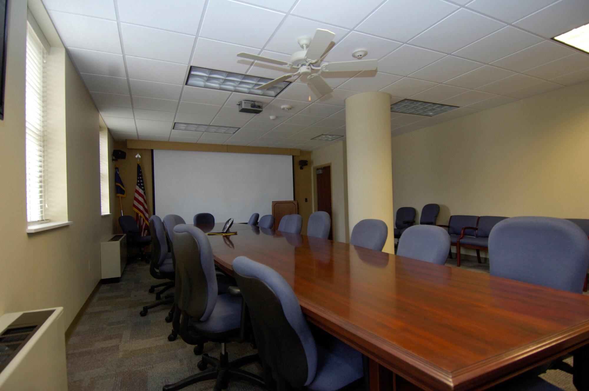 The new 375th Contracting Squadron main conference room was one of the many renovations that occurred in Building 52 at Scott Air Force Base, Ill. Renovating the building posed a unique situation for the 375th CONS as they were able to see a different perspective of their job by being the customer. (U.S. Air Force photo/Airman 1st Class Jake Eckhardt)