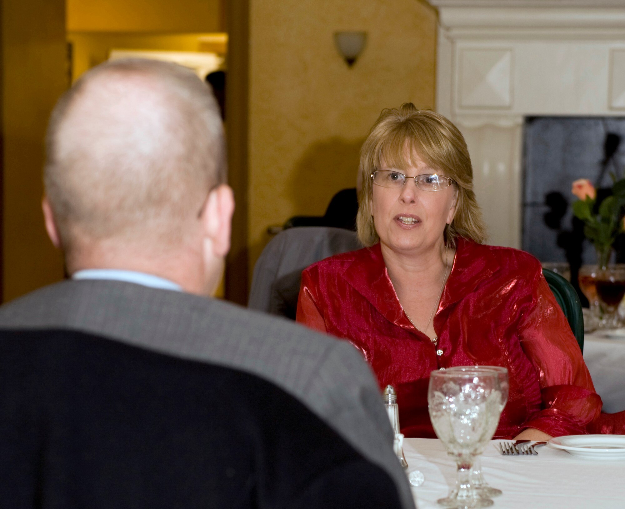 Lt. Col. Richard Roessler, Air Force Global Strike Command, has dinner with his wife, Tami, on Barksdale Air Force Base, La., Feb. 14. The Barksdale Club hosted an annual Valentine's Day dinner for Team Barksdale members. (U.S. Air Force photo/Airman 1st Class Benjamin Gonsier)(RELEASED)