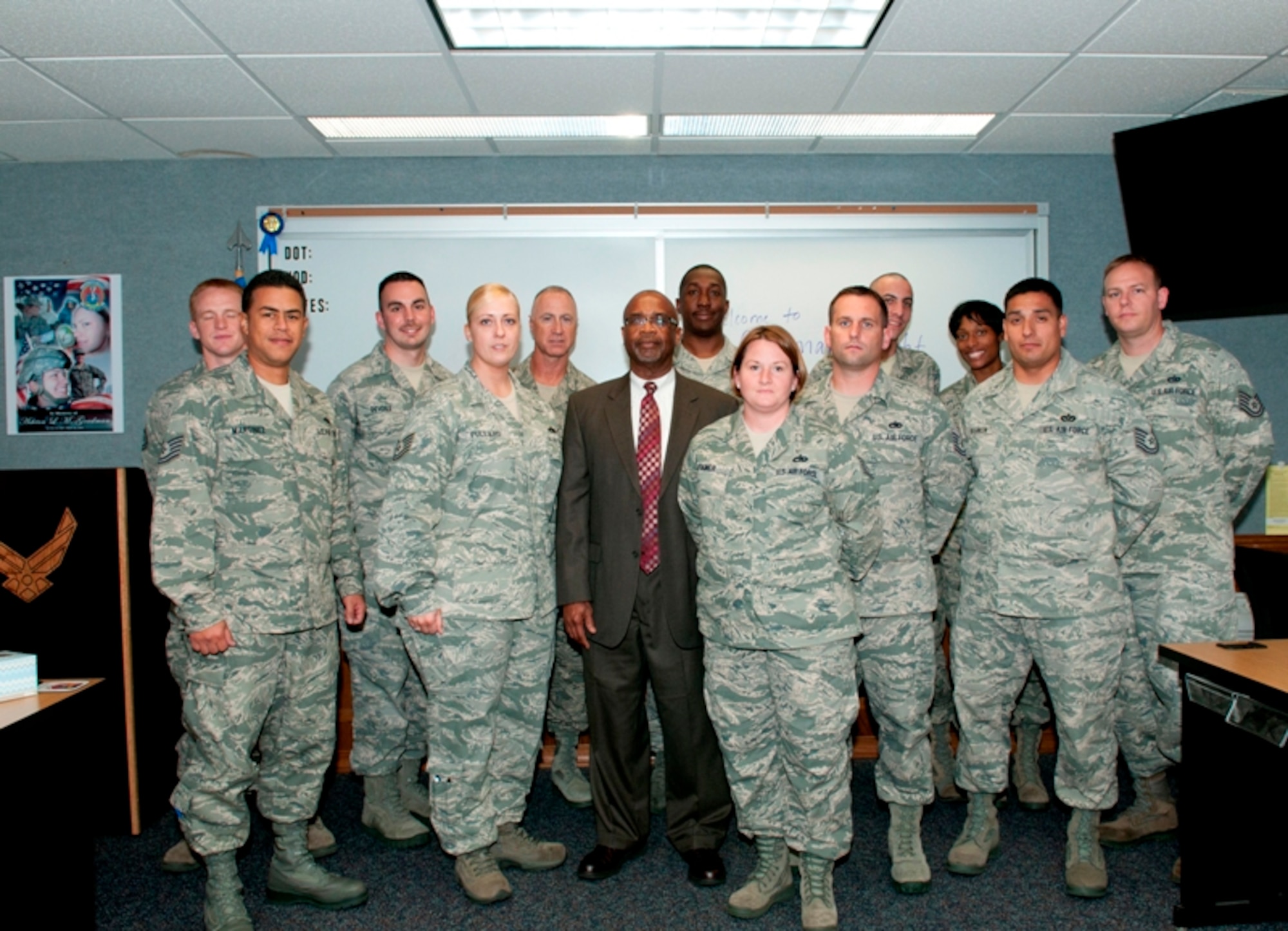 The Airey NCO Academy’s class 12-2’s Academy Special Activities Council recently renamed one of their 13 flights the Goodman Flight after Senior Airman Ashton Goodman, a vehicle operator who was killed in action on May 26, 2009. The flight’s classroom features images and memorabilia from Airman Goodman’s career. (U.S. Air Force photo by Susan Trahan)