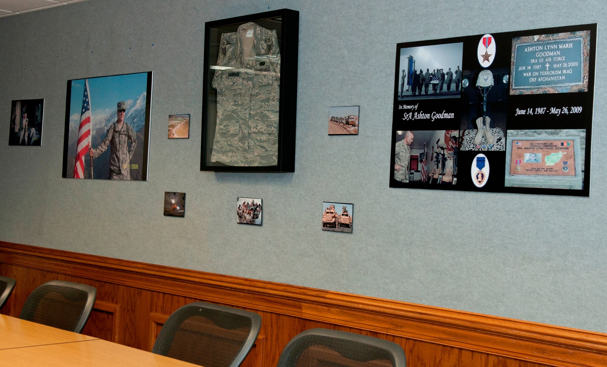 The Airey NCO Academy’s class 12-2’s Academy Special Activities Council recently renamed one of their 13 flights the Goodman Flight after Senior Airman Ashton Goodman, a vehicle operator who was killed in action on May 26, 2009. The flight’s classroom features images and memorabilia from Airman Goodman’s career. (U.S. Air Force photo by Susan Trahan)