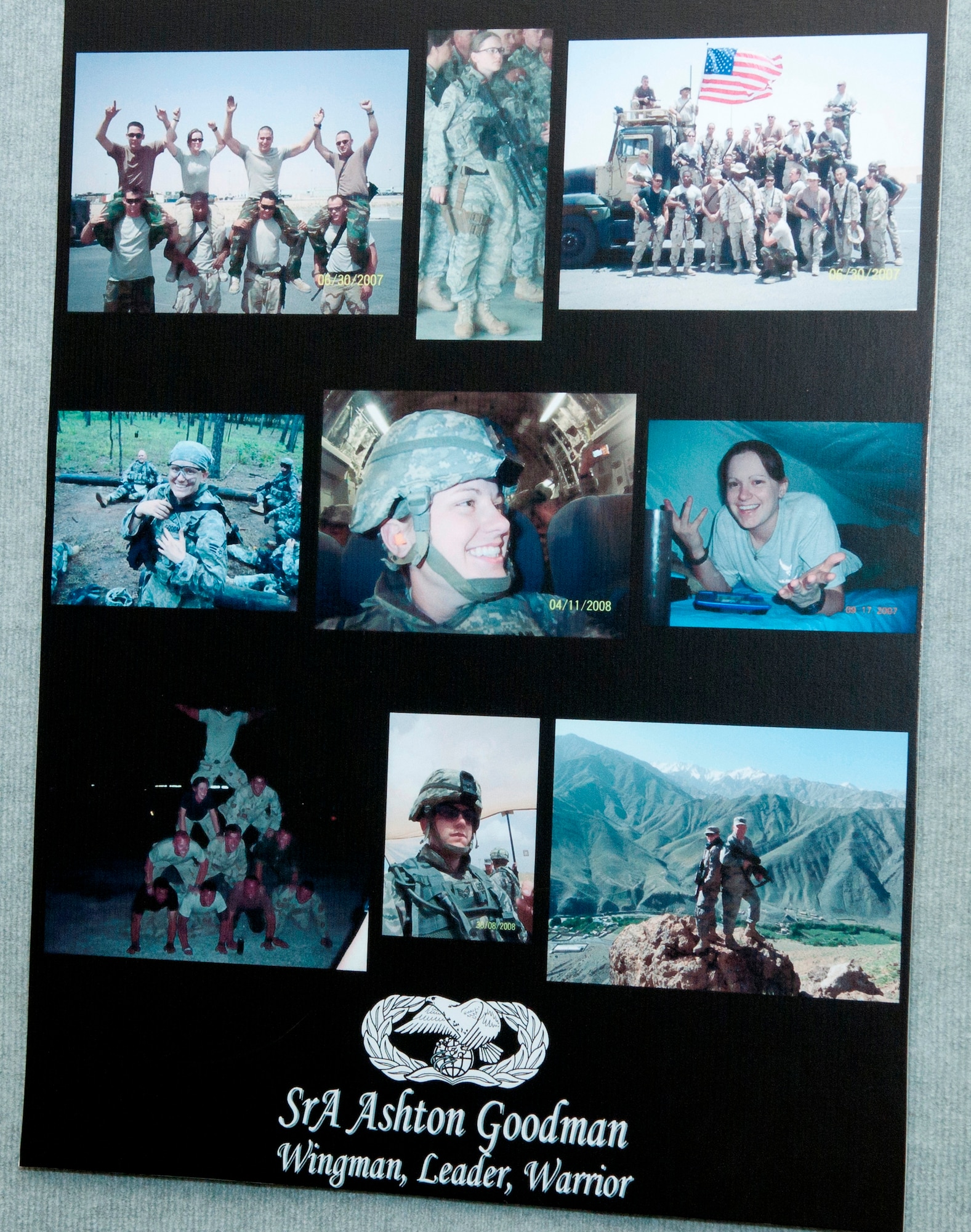The Airey NCO Academy’s class 12-2’s Academy Special Activities Council recently renamed one of their 13 flights the Goodman Flight after Senior Airman Ashton Goodman, a vehicle operator who was killed in action on May 26, 2009. The flight’s classroom features images and memorabilia from Airman Goodman’s career. (U.S. Air Force photo by Susan Trahan)