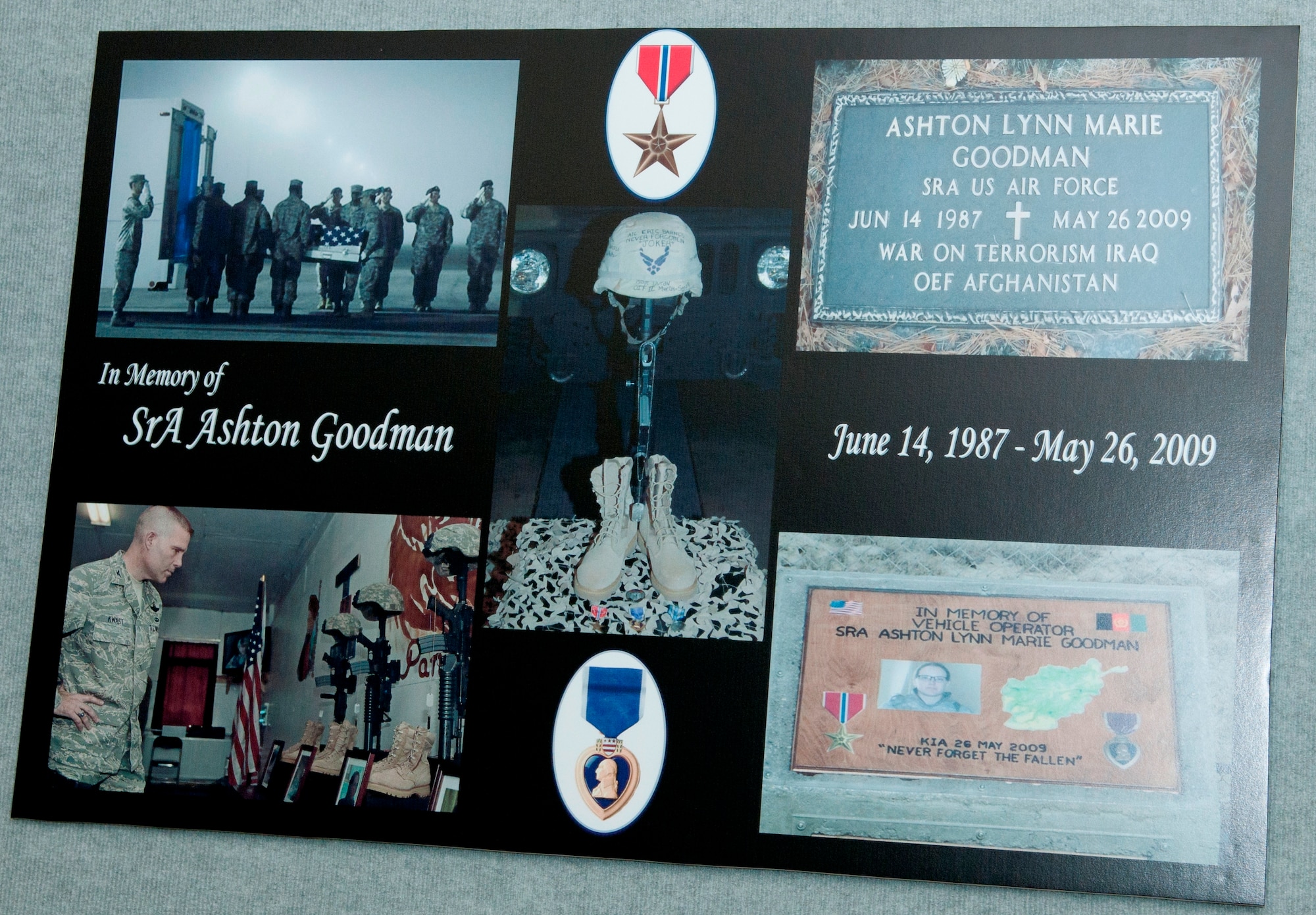 The Airey NCO Academy’s class 12-2’s Academy Special Activities Council recently renamed one of their 13 flights the Goodman Flight after Senior Airman Ashton Goodman, a vehicle operator who was killed in action on May 26, 2009. The flight’s classroom features images and memorabilia from Airman Goodman’s career. (U.S. Air Force photo by Susan Trahan)