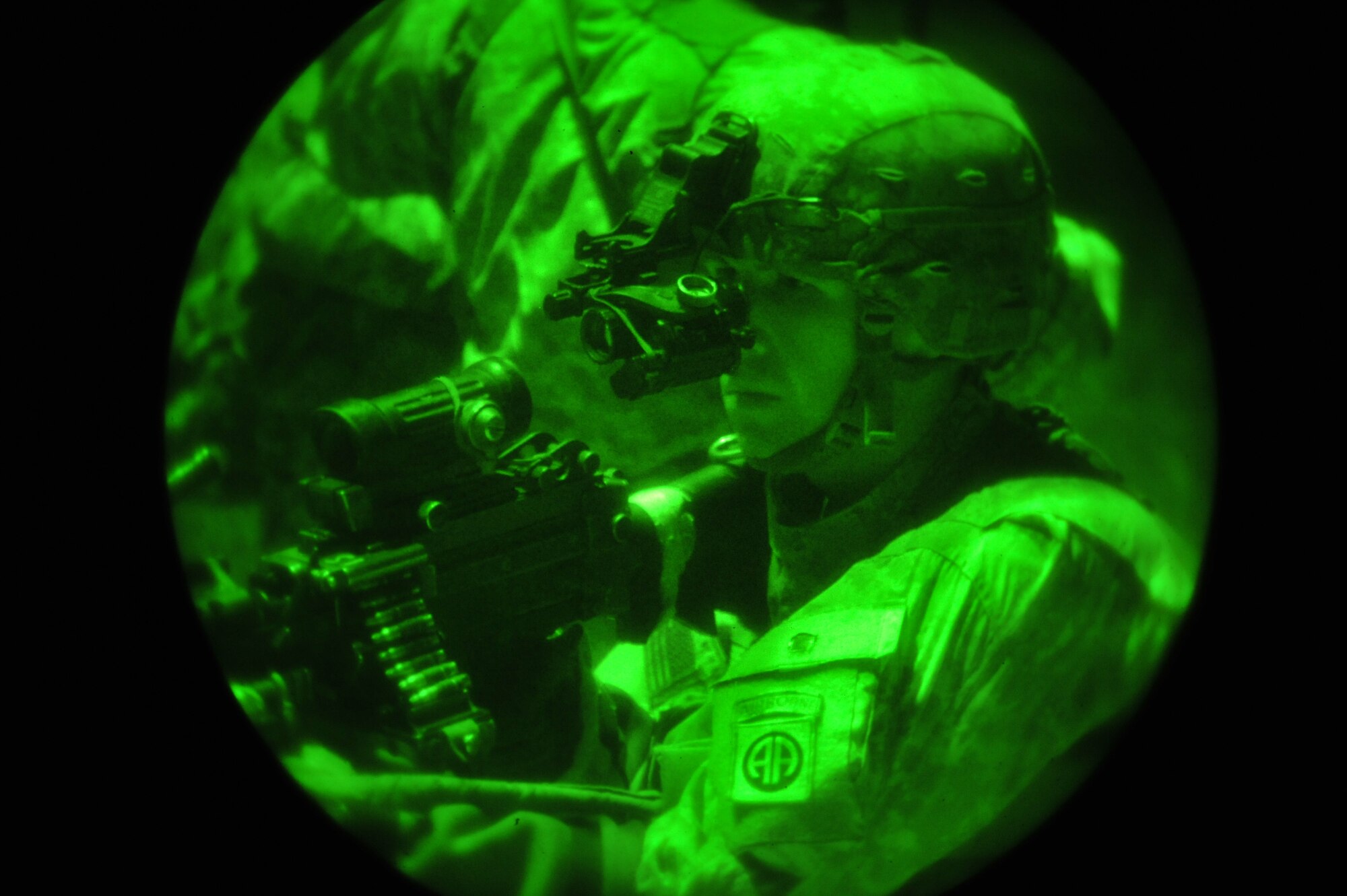 A U.S. Army Soldier provides rear security for a building search during Joint Operations Access Exercise 12-01 in Fort Bragg, N.C., Feb. 12, 2012. The JOAX is a combined effort between the U.S. Army, U.S. Air Force and Canadian armed forces to complete a night airborne operation with follow-on missions, which replicate possible real world scenarios. (U.S. Air Force photo/Staff Sgt. Stephanie Mancha)