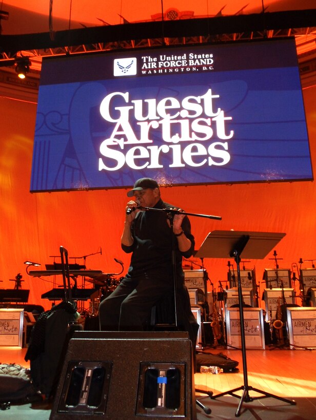 Al Jarreau soundchecks his microphone before the 2012 Guest Artist concert at D.A.R. Constitution Hall in Washington, D.C.