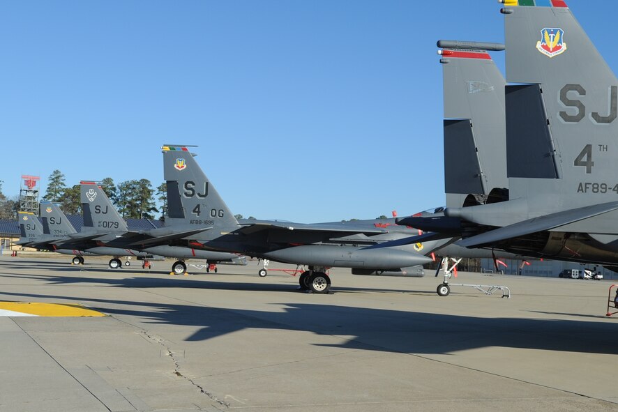 A line of F-15E Strike Eagles await a flagship inspection by U.S. Air Force Maj. Gen. Lawrence Wells on the Seymour Johnson Air Force Base, N.C., flightline Jan. 13, 2012. During his two-day visit here, 9th Air Force commander held an all-call where he discussed the direction of the Air Force, including cutbacks and deployments. He also visited various shops on base to get a feel for how 4th Fighter Wing Airmen conduct their day-to-day operations. (U.S. Air Force photo/Senior Airman Gino Reyes/Released)