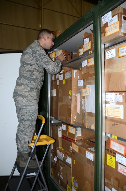 Airman 1st Class William McQuillan conducts a monthly inventory of a Mobility Readiness Spares Package at Joint Base Charleston – Air Base Feb. 8. The MRSP section manages MRSPs or kits, which are air transportable packages of repair parts and related maintenance supplies required to sustain a C-17 Globemaster III aircraft for a specified period of planned wartime or contingency operations. McQuillan is a 628th Logistics Readiness Squadron MRSP section journeyman (U.S. Air Force Photo/Senior Airman Anthony Hyatt)