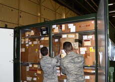 Senior Airman Chase Hoyt and Airman 1st Class William McQuillan conduct an inventory of a Mobility Readiness Spares Package Feb. 8, 2012, at Joint Base Charleston. MRSPs are air transportable packages of repair parts and related maintenance supplies required to sustain a C-17 Globemaster III aircraft for a specified period of planned wartime or contingency operations. Hoyt and McQuillan are from the 628th Logistics Readiness Squadron MRSP section. (U.S. Air Force Photo/Senior Airman Anthony Hyatt) 