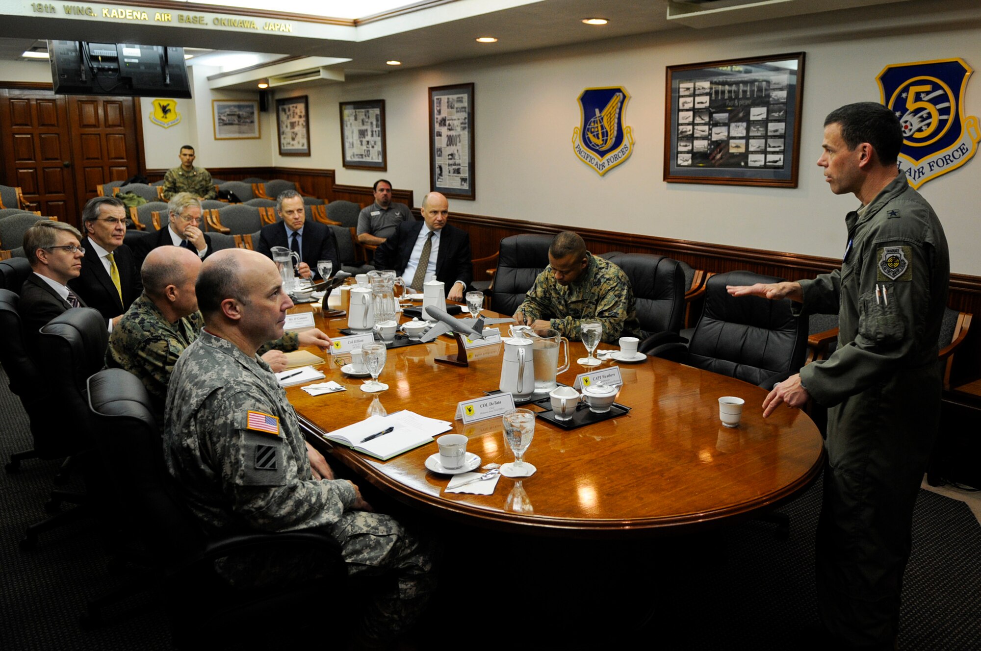 U.S. Air Force Brig. Gen. Matthew Molloy, 18th Wing commander, gives an 18th Wing mission brief to Dr. Lars Vargö, Ambassador Extraordinary and Plenipotentiary of Sweden, Mr. Arne Roy Walther, Ambassador Extraordinary and Plenipotentiary of Norway, Mr. A. Carsten Damsgaard, Ambassador Extraordinary and Plenipotentiary of Denmark, Mr. Jari Gustafsson, Ambassador Extraordinary and Plenipotentiary of Finland, at Kadena Air Base, Japan, Feb. 16, 2012. The ambassadors visited Kadena to gain further knowledge of the U.S. military presence on Okinawa. (U.S. Air Force photo by Airman 1st Class Tara A. Williamson/Released)