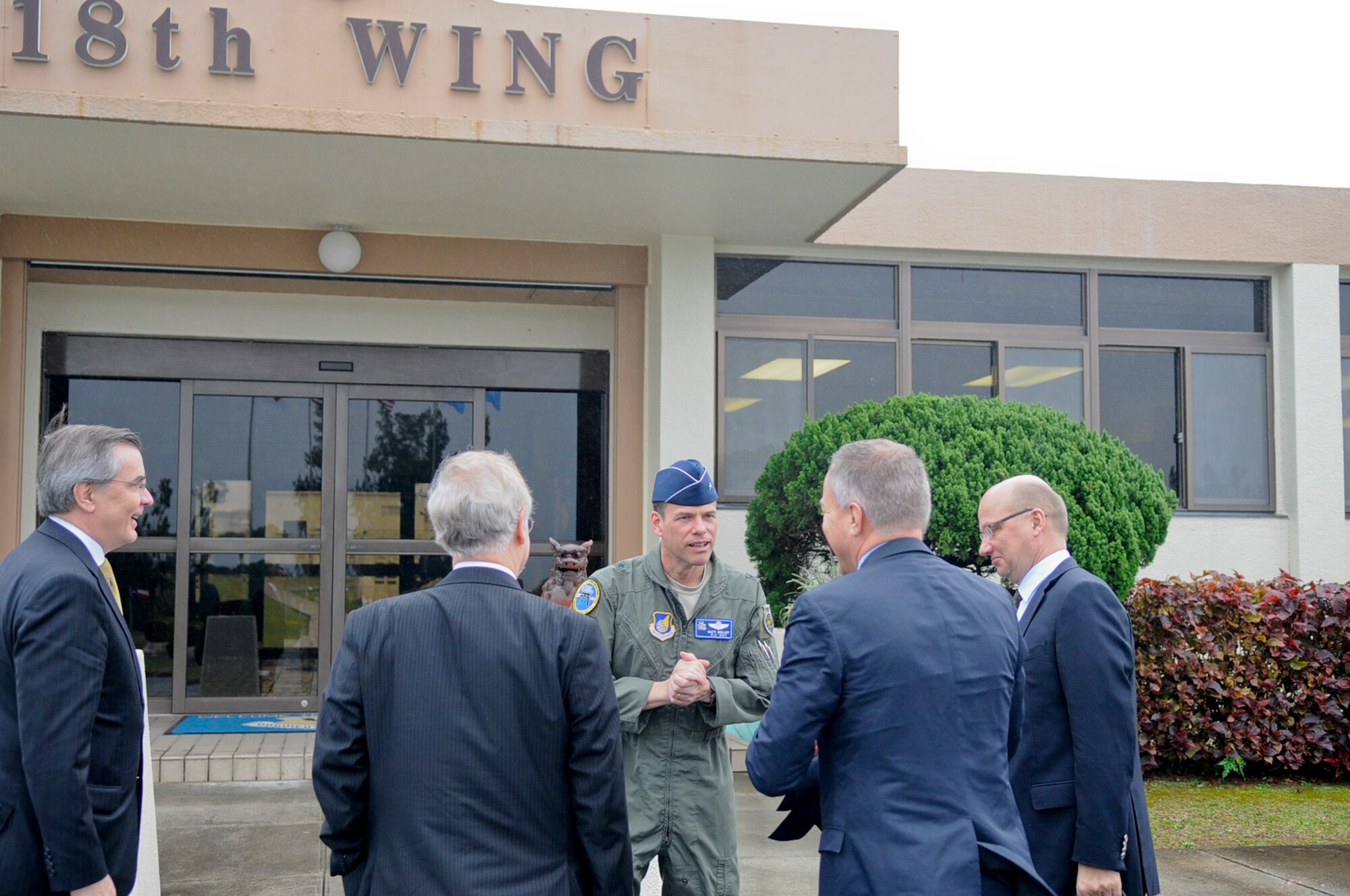 U.S. Air Force Brig. Gen. Matthew Molloy, 18th Wing commander, welcomes ambassadors from Denmark, Finland, Norway and Sweden to Kadena Air Base, Japan, Feb. 16, 2012. The ambassadors came from Tokyo, Japan, to familiarize themselves with the missions of the U.S. military on Okinawa. (U.S. Air Force photo by Airman 1st Class Tara A. Williamson/Released)