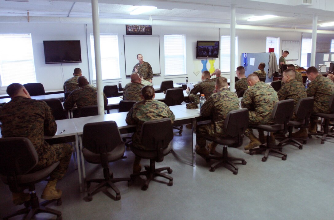 Marines with Combat Logistics Regiment 27, 2nd Marine Logistics Group, participate in Operational Stress Control and Readiness training at the regiment’s headquarters building aboard Camp Lejeune, N.C., Jan. 19, 2012. The purpose of the training is to teach Marines and sailors about stressors they may face, coping methods and to whom they may approach for help when needed. (U.S. Marine Corps photo by Pfc. Franklin E. Mercado)