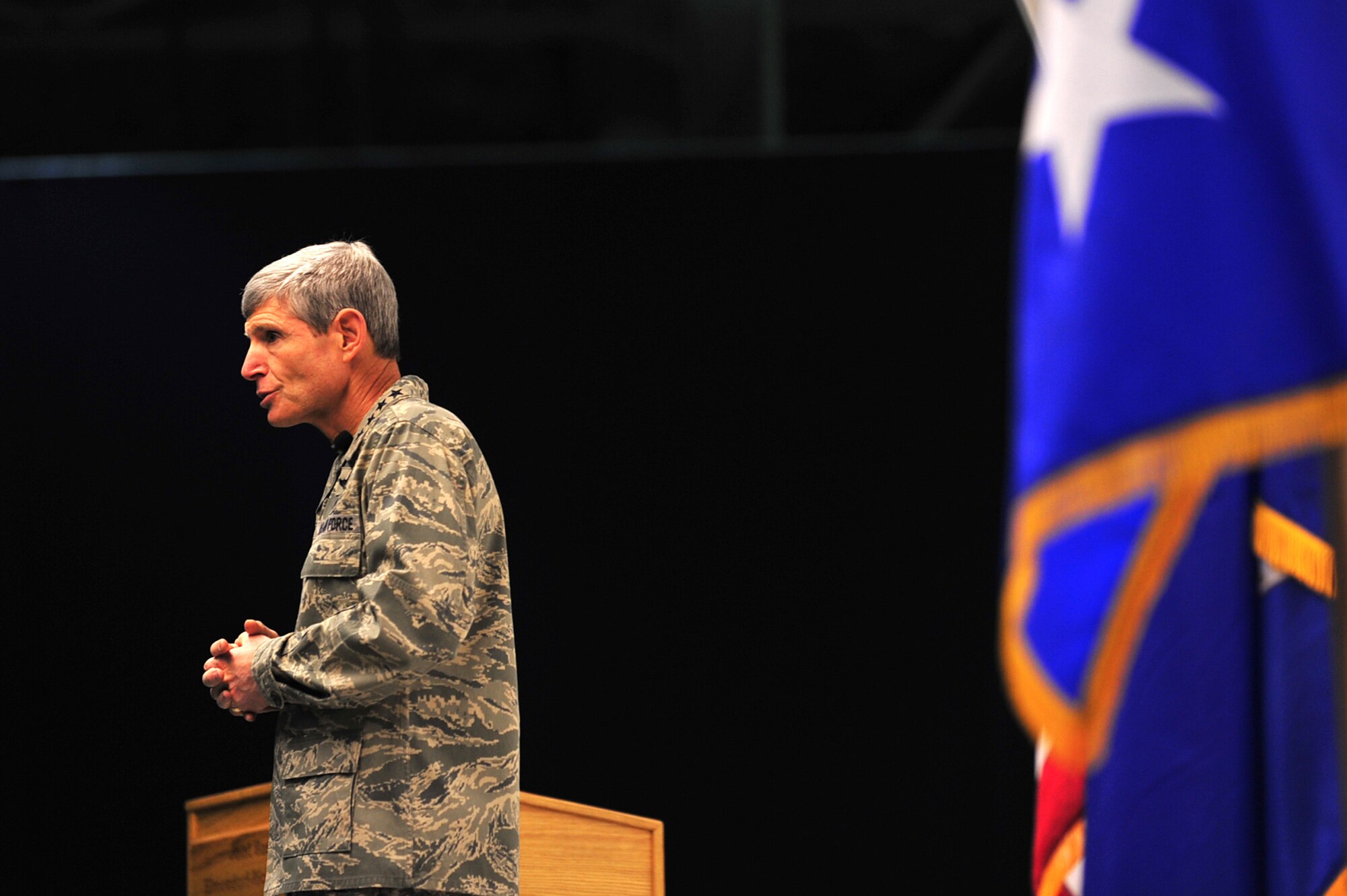 Air Force Chief of Staff Gen. Norton Schwartz speaks to Airmen Feb. 16, 2012, during an Airmen's Call at Joint Base Elmendorf-Richardson, Alaska. Schwartz talked about his vision for the Air Force and answered questions from Airmen. (U.S. Air Force photo/Staff Sgt. Sheila deVera)