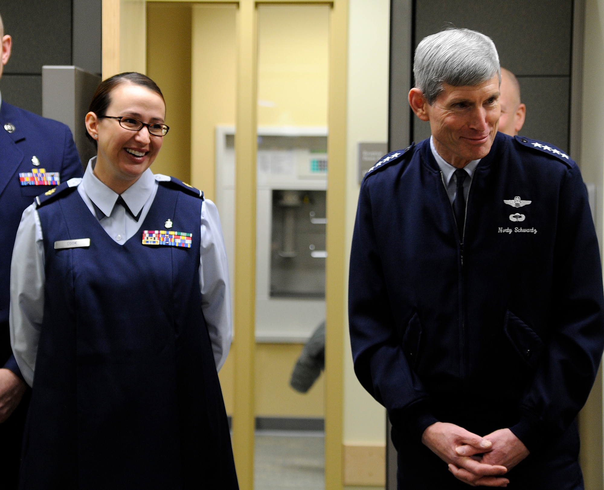 Air Force Chief of Staff Gen. Norton Schwartz takes a tour of the Traumatic Brain Injury section of the new Lynx wing of the hospital on Joint Base Elmendorf-Richardson Feb. 17, 2012.  Maj. Marisa Cook, TBI officer in charge, showed Schwartz the capabilities of the TBI section. (U.S. Air Force photo/Staff Sgt. Zachary Wolf)