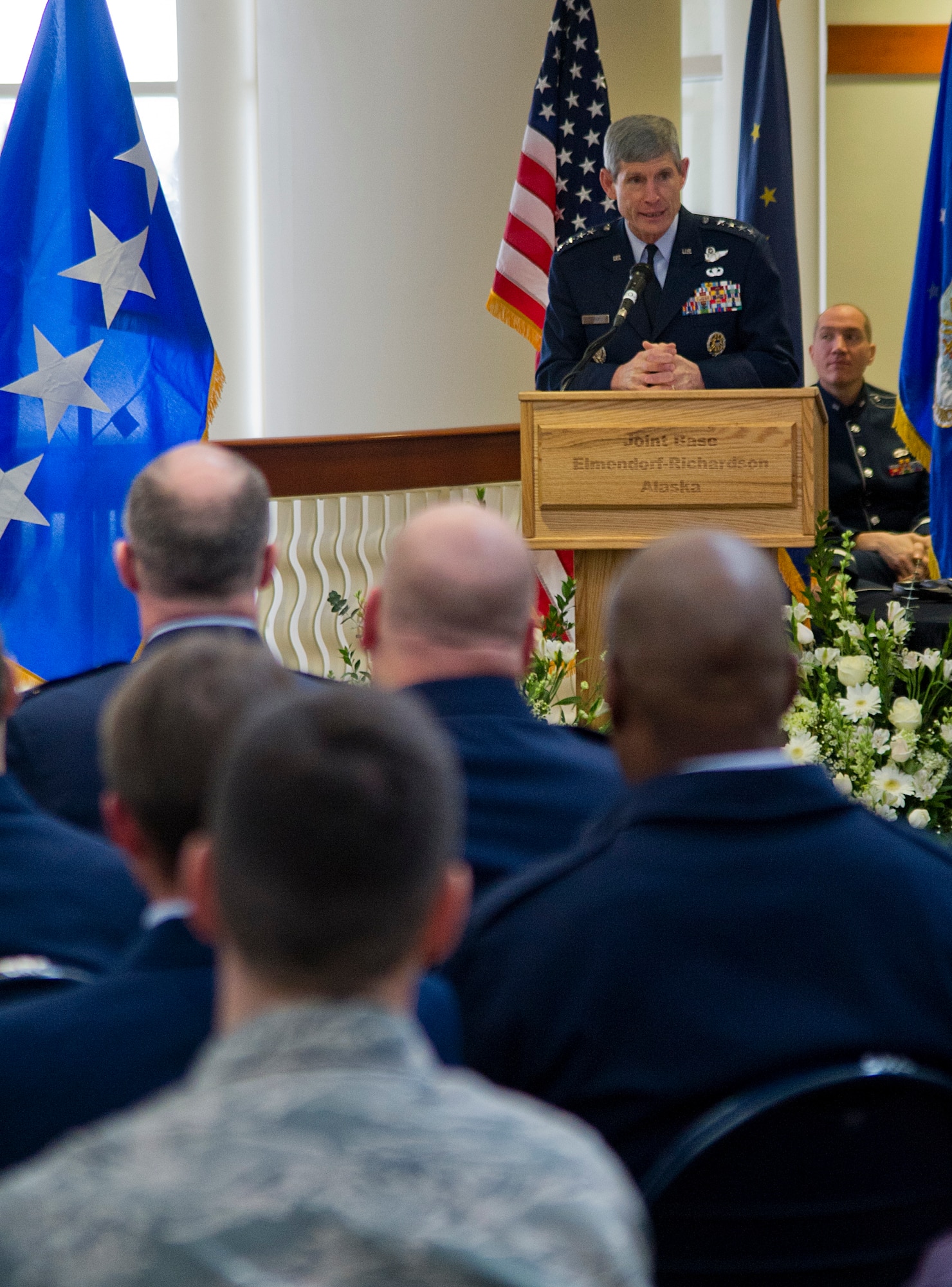 Air Force Chief of Staff Gen. Norton Schwartz addresses attendees of the Alaska Fisher House dedication ceremony on Joint Base Elmendorf-Richardson, Feb. 17, 2012.  The Fisher House on JBER is already hosting a family and is the first Fisher House built in Alaska. (U.S. Air Force photo/Staff Sgt. Zachary Wolf)
