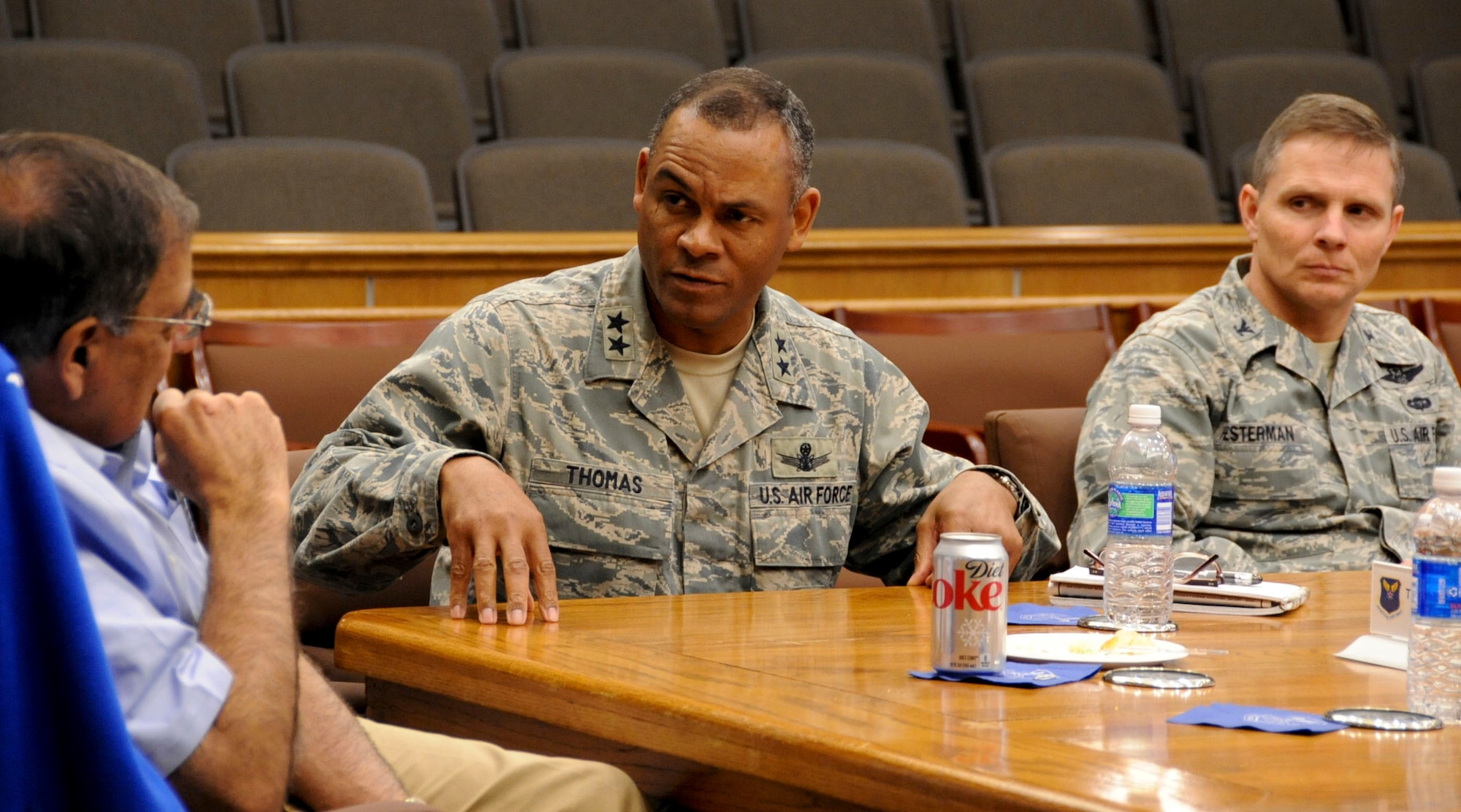 Maj. Gen. Everett Thomas, Air Force Global Strike Command vice commander responds to a question from the Secretary of Defense Leon E. Panetta during his visit to Barksdale Air Force Base, La., Feb. 17. Following an All-Call with more than 300 Airmen, Secretary Panetta met with Headquarters Air Force Global Strike Command and 2nd Bomb Wing leadership for briefings on global strike capabilities. (U.S. Air Force Photo/La'Shanette V. Garrett)(RELEASED)