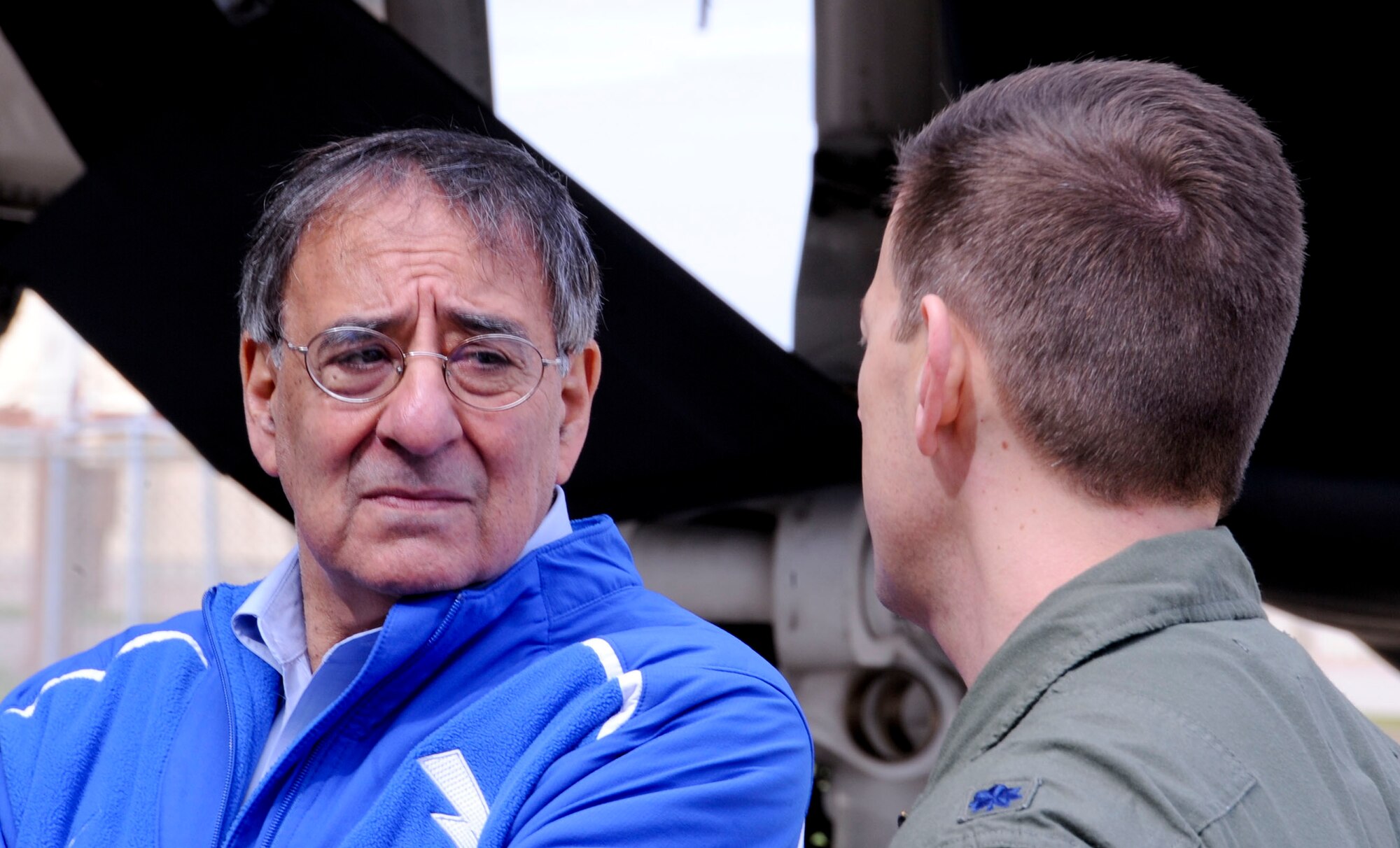 Secretary of Defense Leon E. Panetta speaks with a B-1B Lancer crew member during his visit to Barksdale Air Force Base, La., Feb. 17. The Secretary hosted an All-Call with more than 300 Airmen to thank them for their efforts in operating, maintaining and supporting the long range strike missions performed by the B-52H Stratofortress, B-2 Spirit and B-1B Lancer bomber aircraft. (U.S. Air Force photo/Senior Airman La'Shanette V. Garrett)(RELEASED)