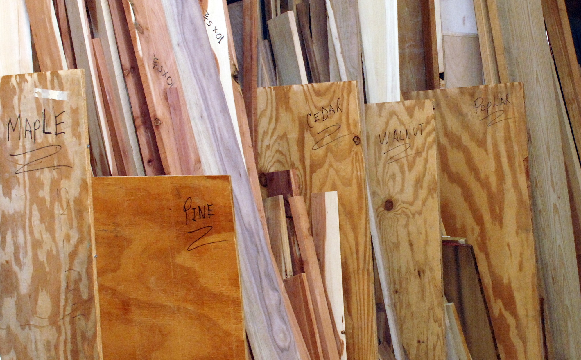 Multiple types of wood are located in the storage closet of the Hobby Shop on Barksdale Air Force Base, La., Feb. 15. Craftsmen have various types of wood to choose from which differ in color, strength and size. Employees and experienced wood makers are more than willing to help new members select materials for their project. (U.S. Air Force photo/Airman 1st Class Joseph A. Pagán Jr.)(RELEASED)