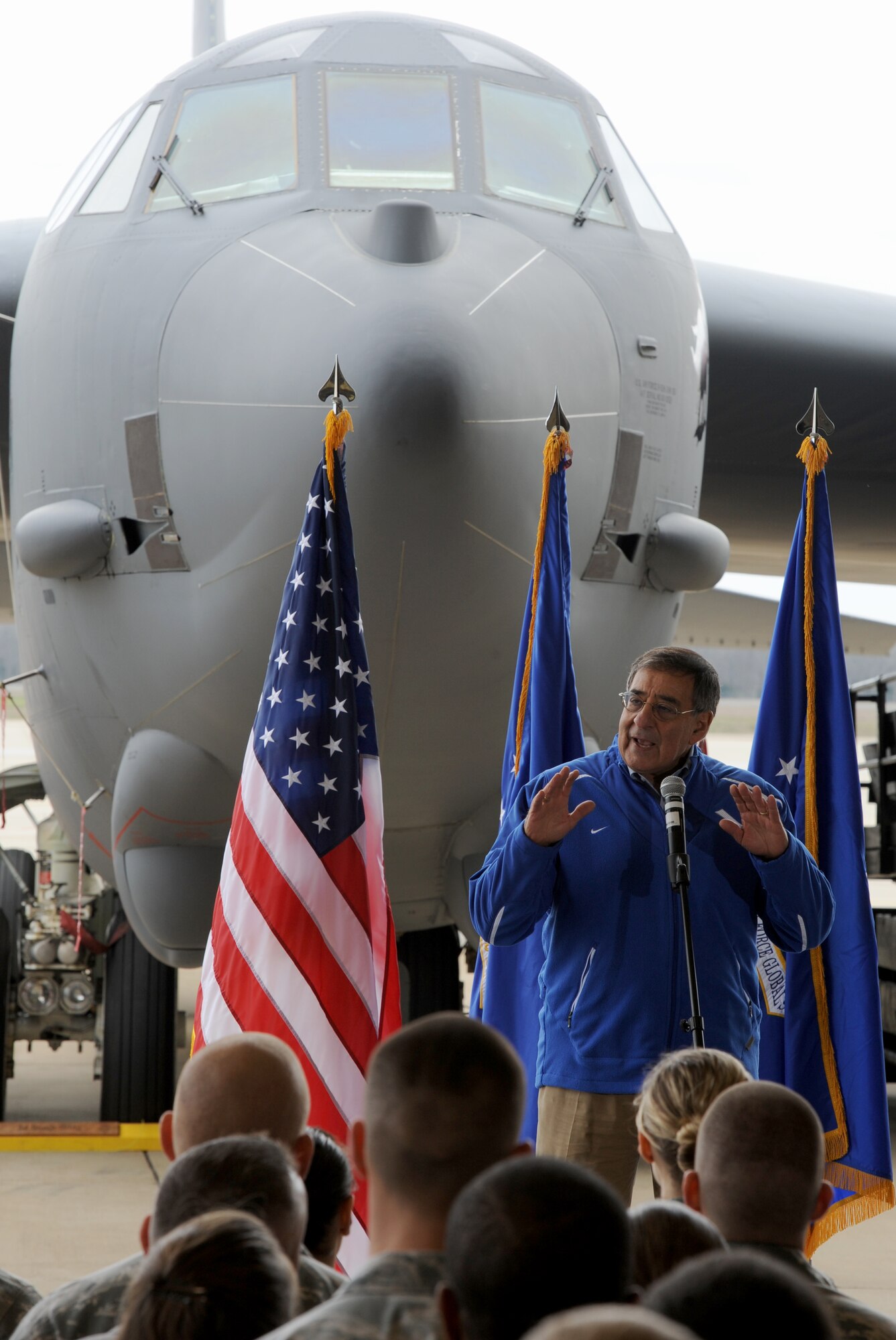 BARKSDALE AIR FORCE BASE, La. -- Secretary of Defense Leon Panetta addresses the Airmen at Barksdale Air Force Base, La. on topics concerning military strategy, defense budget and long-range strike bombers and thanked them for their service to the nation, Feb. 17.  During his visit to the base Secretary Panetta also officiated reenlistments, presented medals and coins, held a town hall meeting and met with Headquarters Air Force Global Strike Command for briefings on global strike capabilities.  (U.S. Air Force Photo/Master Sgt. Corey A. Clements)(Released)