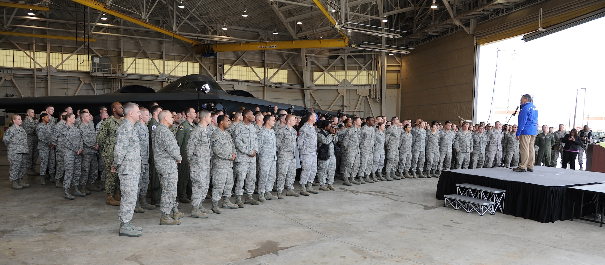 BARKSDALE AIR FORCE BASE, La. -- Secretary of Defense Leon Panetta addresses the Airmen at Barksdale Air Force Base, La. on topics concerning military strategy, defense budget and long-range strike bombers and thanked them for their service to the nation, Feb. 17.  During his visit to the base Secretary Panetta also officiated reenlistments, presented medals and coins, held a town hall meeting and met with Headquarters Air Force Global Strike Command for briefings on global strike capabilities.  (U.S. Air Force Photo/Master Sgt. Corey A. Clements)(Released)