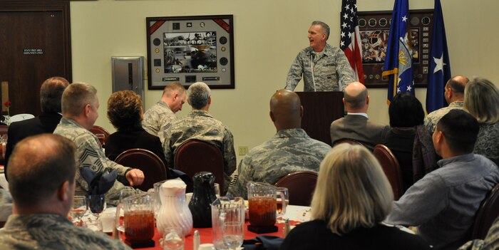 Chaplain (Col.) Gregory L. Tate speaks during the National Prayer Luncheon at Beale Air Force Base, Calif., Feb. 16, 2012. Chaplain Tate is the Command Chaplain of Air Combat Command in Joint base Langley-Eustis, Va. and was the guest speaker for the event. (U.S. Air Force photo by Staff Sgt. Robert M. Trujillo/Released)