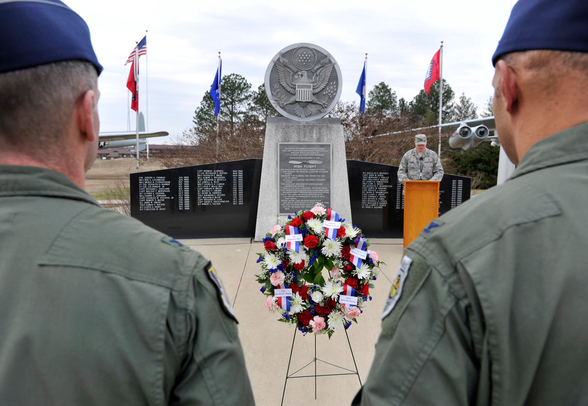 Col. Brian Robinson, 19 Airlift Wing commander and Col. Mark Czelusta, 314th Airlift Wing commander, prepare to lay a wreath during a ceremony at Heritage Park, Feb. 17, 2012, at Little Rock Air Force Base, Ark.  The ceremony was held in honor of five service members who died when performing a flight training mission, Feb. 18, 1972.