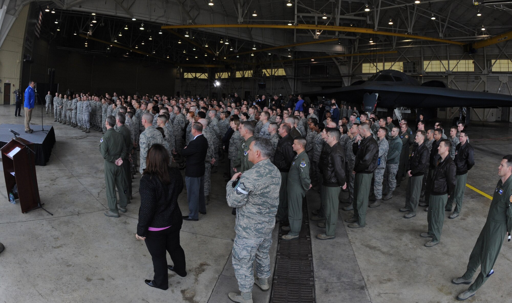 Secretary of Defense Leon E. Panetta addresses Air Force Airmen during a visit to Barksdale Air Force Base, La., Feb. 17. The Secretary hosted an All-Call with more than 300 Airmen to thank them for their efforts in operating, maintaining and supporting the long range strike missions performed by the B-52H Stratofortress, B-2 Spirit and B-1B Lancer bomber aircraft.  During the event, Secretary Panetta also re-enlisted six Airmen and presented medals to Airmen who served in Afghanistan and other overseas locations.  Following the All-Call, Secretary Panetta met with Headquarters Air Force Global Strike Command and 2nd Bomb Wing leadership for briefings on global strike capabilities. (U.S. Air Force photo/Airman 1st Class Micaiah Anthony)(RELEASED)