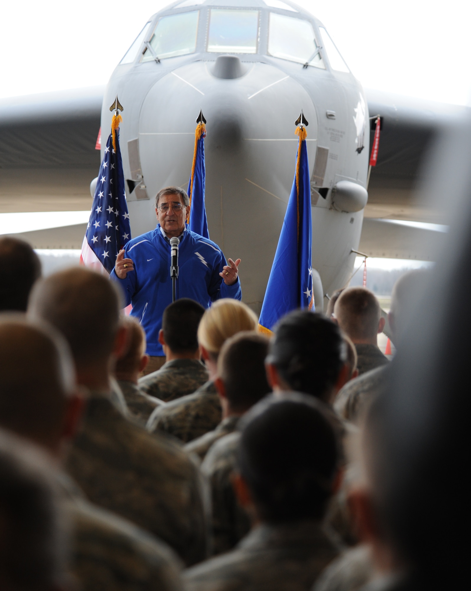 Secretary of Defense Leon E. Panetta addresses Air Force Airmen during a visit to Barksdale Air Force Base, La., Feb. 17. The Secretary hosted an All-Call with more than 300 Airmen to thank them for their efforts in operating, maintaining and supporting the long range strike missions performed by the B-52H Stratofortress, B-2 Spirit and B-1B Lancer bomber aircraft.  During the event, Secretary Panetta also re-enlisted six Airmen and presented medals to Airmen who served in Afghanistan and other overseas locations.  Following the All-Call, Secretary Panetta met with Headquarters Air Force Global Strike Command and 2nd Bomb Wing leadership for briefings on global strike capabilities. (U.S. Air Force photo/Airman 1st Class Micaiah Anthony)(RELEASED)