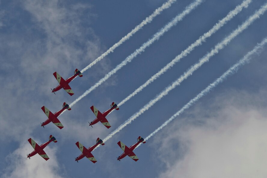 CHANGI, SINGAPORE -- Six Pilatus PC-9/A Royal Australian Air Force Roulettes performs  during the 2012 Singapore Airshow on Feb. 15. The Roulettes are the RAAF's elite formation aerobatic display team. (Department of Defense photo by U.S. Air Force Tech. Sgt. Michael R. Holzworth/Released)