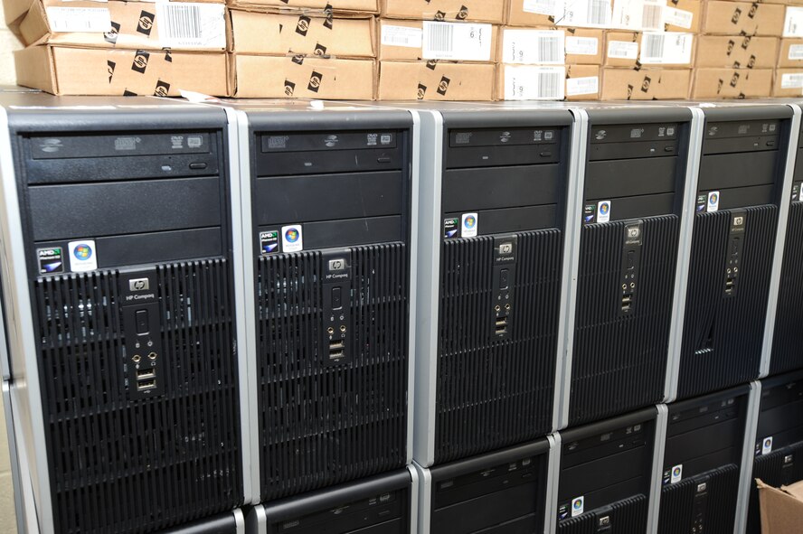 Computers wait to be installed Feb. 17 in the Francis T. Evans Elementary School computer lab, Clinton, Md. The 844th Communications Group donated 87 computers and monitors through the Department of Defense Computers for Learning Program. (U.S. Air Force photo by Staff Sgt. Christopher Ruano)