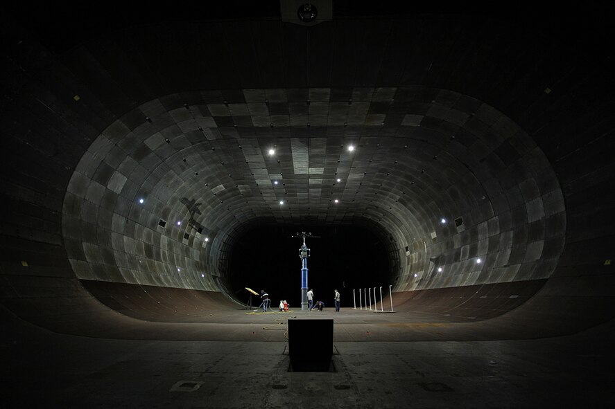 A 1:11 scale model of a futuristic airplane is tested in the world's second-largest wind tunnel at the NFAC at Moffett Field, Calif. The plane would hold 150 passengers and is being called the next 737. Located at NASA's Ames Research Center in Mountain View, the NFAC is managed and operated by the U.S. Air Force’s Arnold Engineering Development Center. (Photo by Mike Anderson)