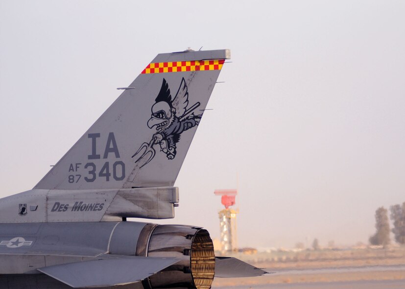 An Air Force F-16C, deployed from the 132nd Fighter Wing, Iowa Air National Guard, arrives at Kandahar Airfield, Afghanistan, Feb. 16, 2012.  The F-16 unit arrived  Bagram Airfield, Afghanistan to replace the A-10s that were stationed at Kandahar Airfield, Afghanistan. (U.S. Air Force photo by Staff Sgt. Heather Skinkle)