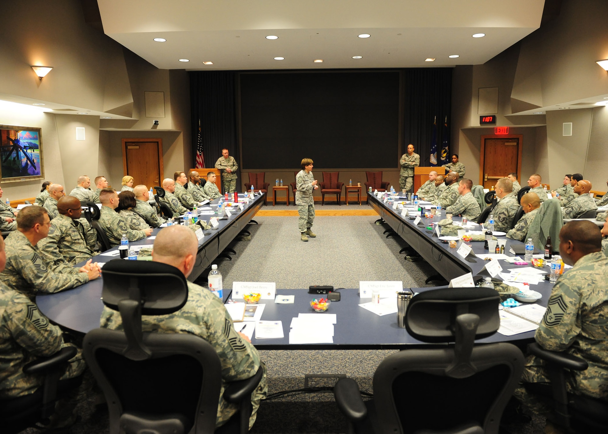 Chief Master Sgt. Peri Rogowski speaks as part of the Command Chief Master Sergeant Panel at the 2012 Air Force Materiel Command Chiefs’ Orientation. (U.S. Air Force photo/Airman First Class James Jacobs)