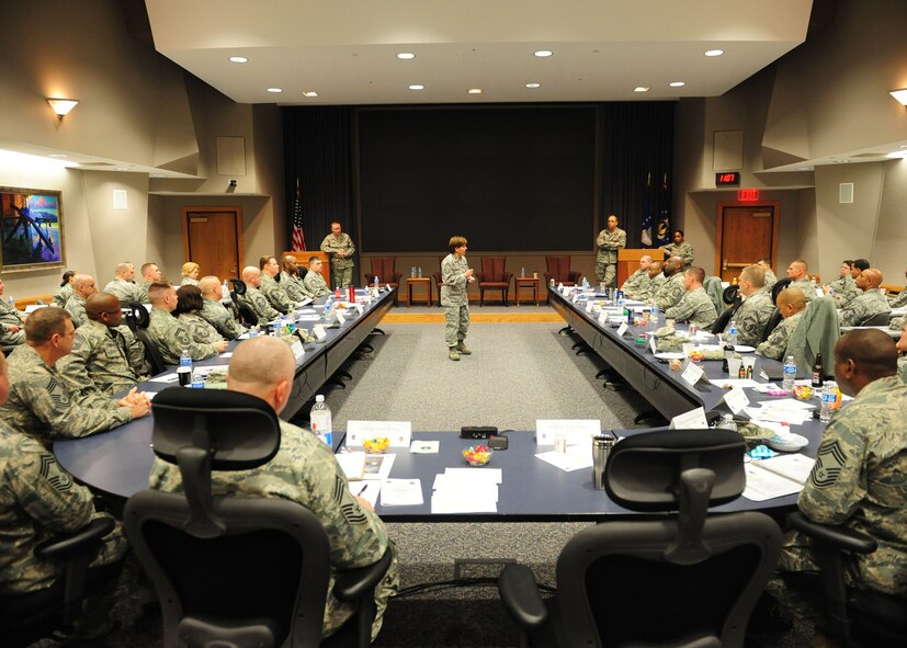 Chief Master Sgt. Peri Rogowski speaks as part of the Command Chief Master Sergeant Panel at the 2012 Air Force Materiel Command Chiefs’ Orientation. (U.S. Air Force photo/Airman First Class James Jacobs)