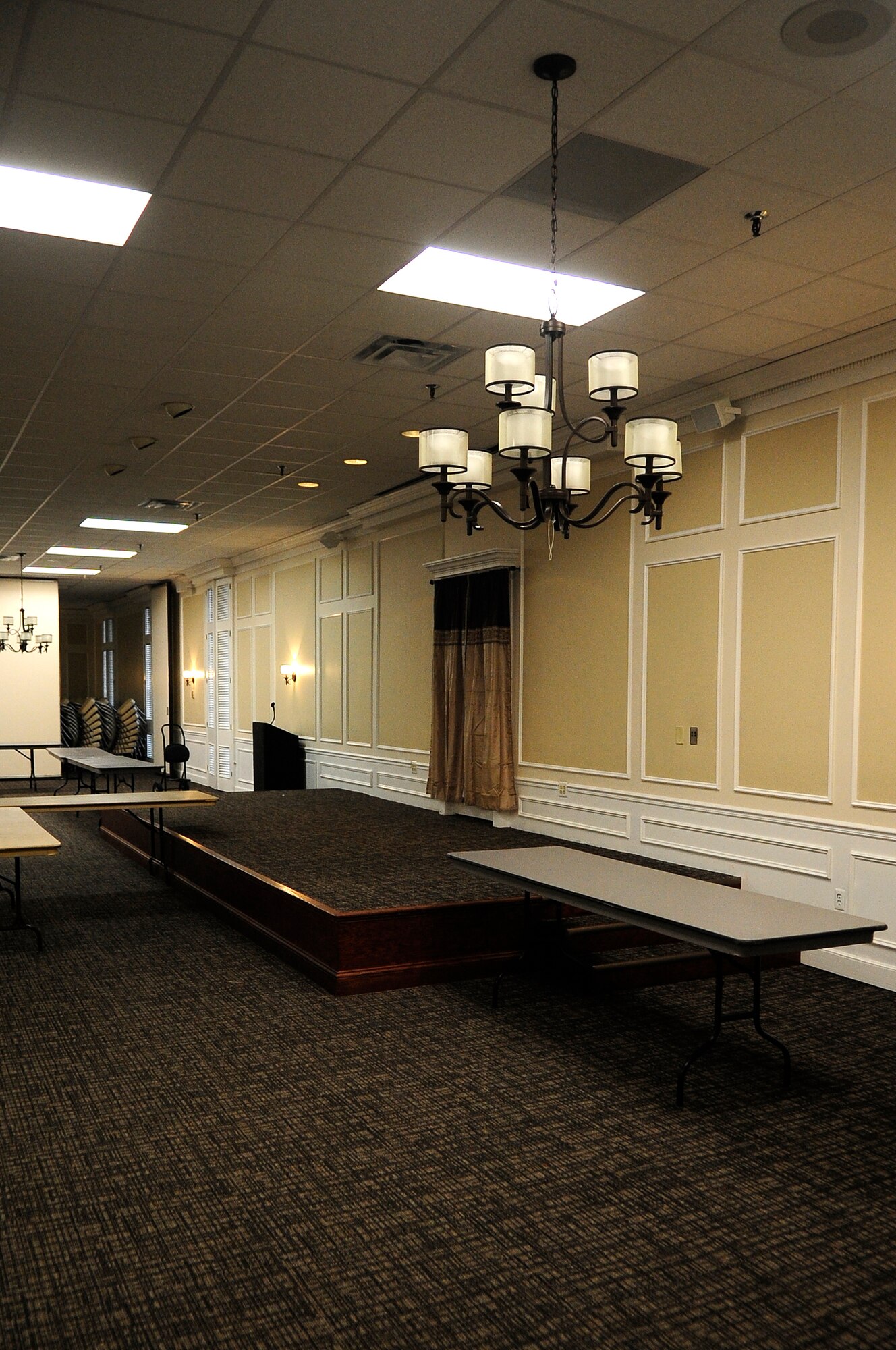 The Carolina Skies ball room received new chandeliers, carpet, and ceiling tiles at Shaw Air Force Base, S.C., Feb. 16, 2011. The Club renovations gave the whole establishment a new look. (U.S. Air Force photo by Airman 1st Class Hunter Brady/Released)