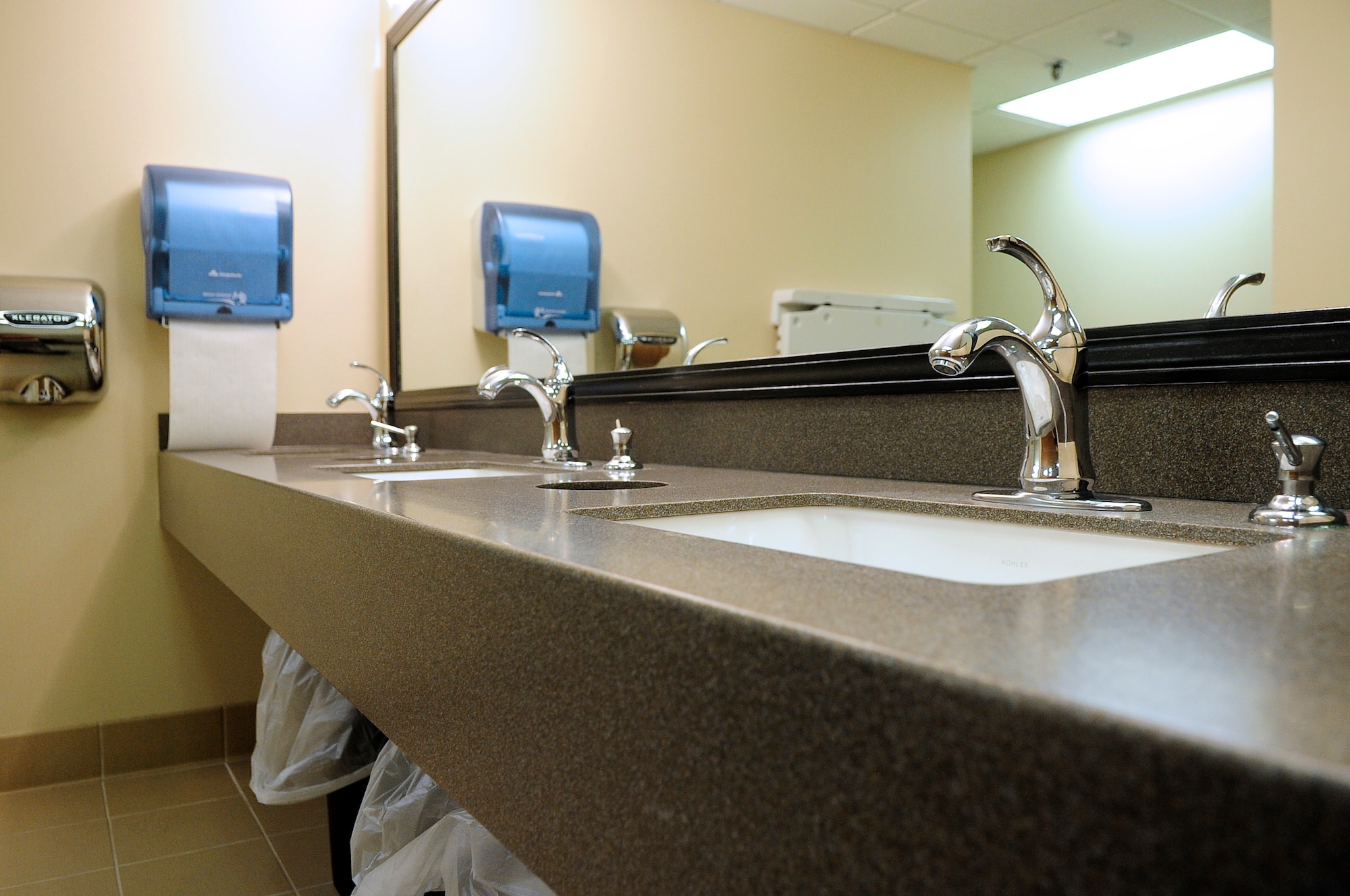 The Carolina Skies restrooms have gotten new sinks, granite and tile floor at Shaw Air Force Base, S.C., Feb. 16, 2011. The Club renovations gave the whole establishment a new look. (U.S. Air Force photo by Airman 1st Class Hunter Brady/Released)
