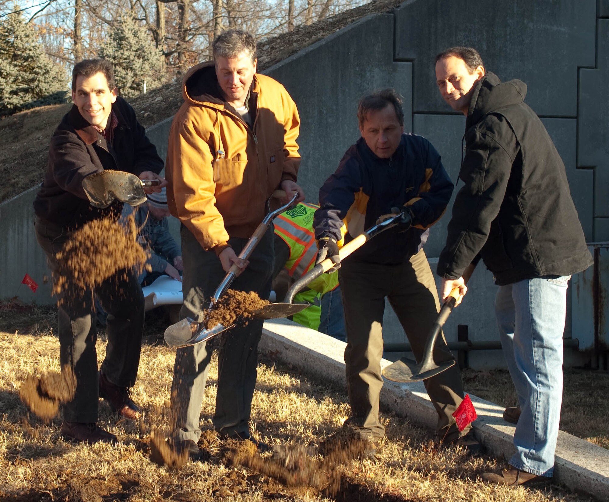 From left, Dan Marren, the director of AEDC’s Hypervelocity Wind Tunnel 9 at White Oak, Md.; leads a ground-breaking ceremony with Tom Smith, project manager with Mack Mechanical, Inc., Tenn., Jeff Waldo, Tunnel 9’s chief facility engineer, and Steve Grant, Tunnel 9’s electrical systems engineer, marking the installation of a new transformer at the facility. (Photo provided)