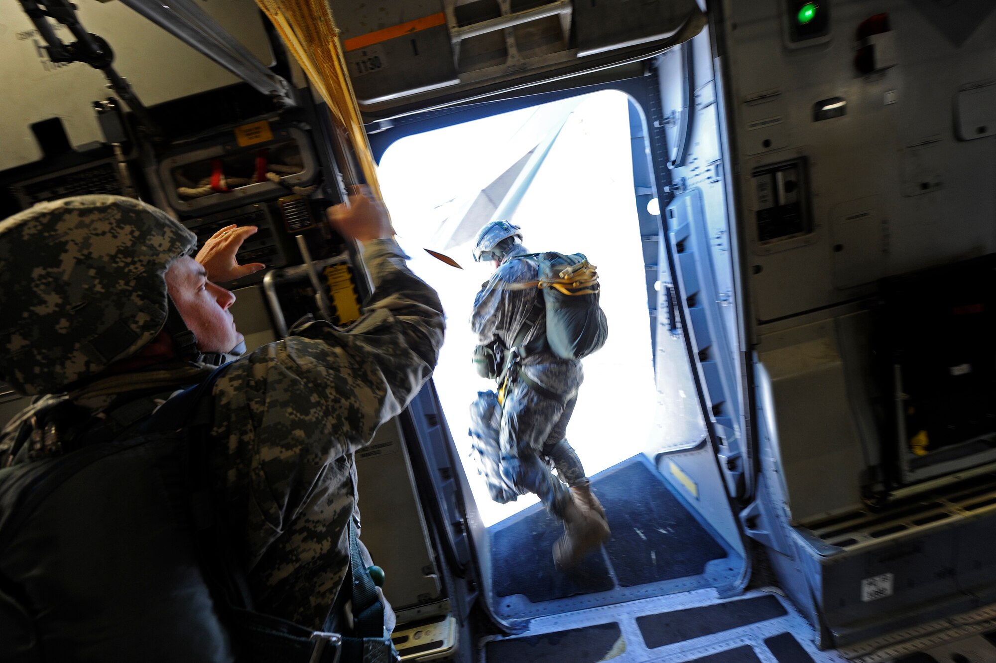 A Soldier from 6th Engineer Battalion (Combat) (Airborne) jumps from a C-17 Globemaster III from the 517th Airlift Squadron over Malemute Drop Zone, Feb.7. (U.S. Air Force photo/Tech Sgt. Brian Ferguson)