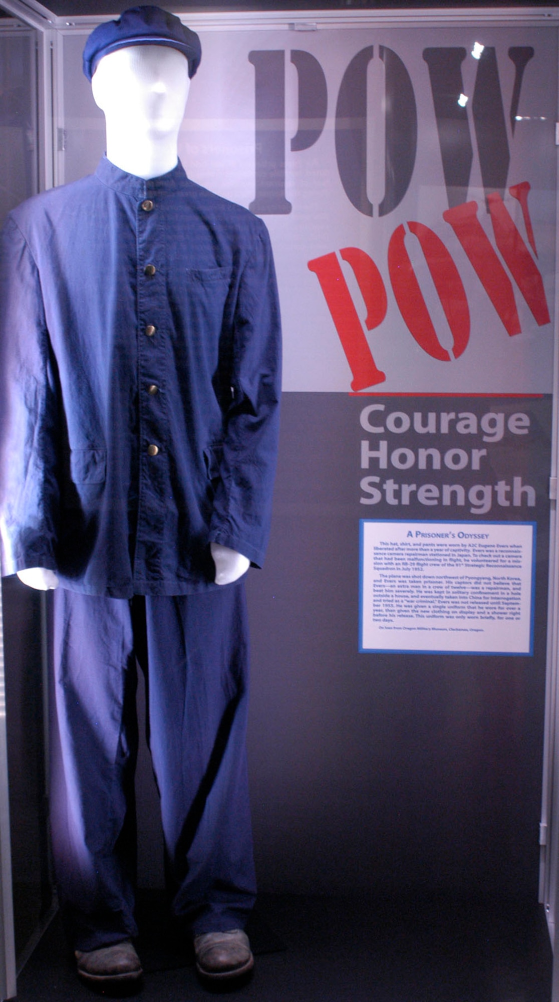 This hat, shirt, and pants were worn by A2C Eugene Evers while he was a prisoner of war for more than a year during the Korean War. (U.S. Air Force photo).